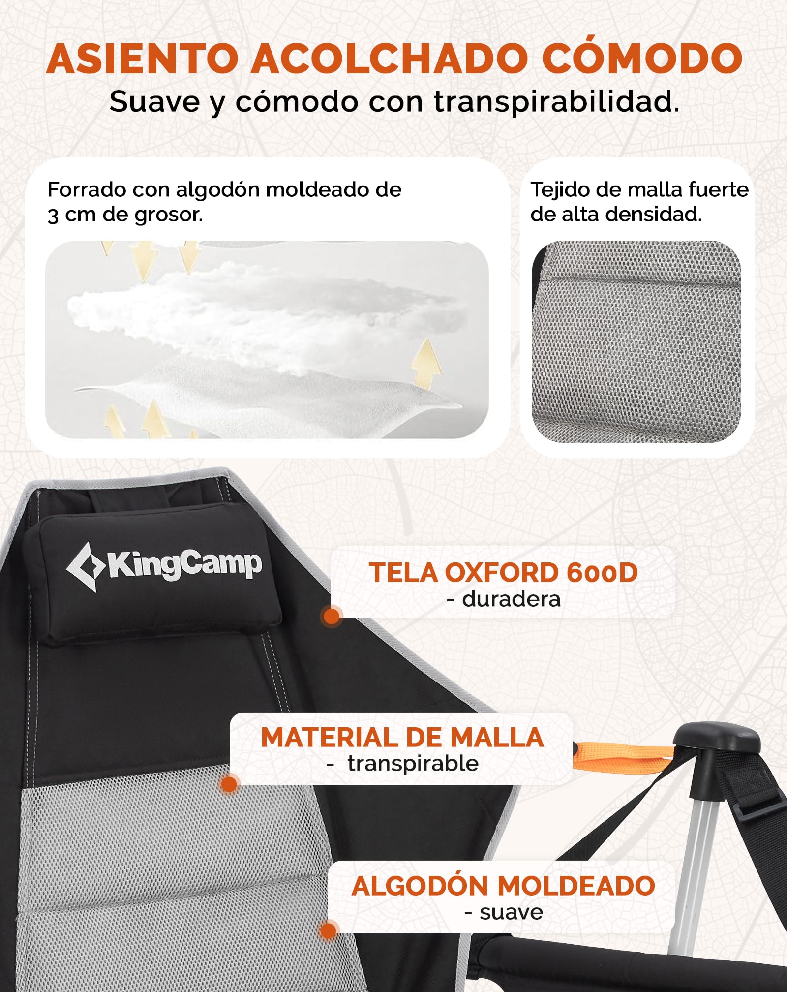 KingCamp Składane krzesło kempingowe z podnóżkiem, aluminiowe krzesło hamakowe z podnóżkiem, regulowane oparcie z poduszką, uchwyt na napoje, krzesło ogrodowe na zewnątrz, do podróży | Oparcie regulowane 90-130°, do 180 kg, aluminiowa rama, zagłówki, uchw
