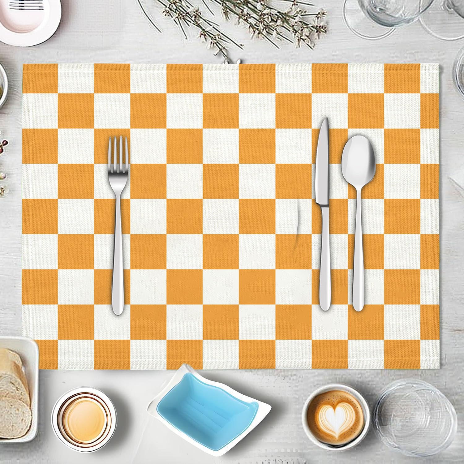 Set Di 8 Tovagliette Scacchiera Moderna In Lino, Arancione Bianco, 45X30Cm Con Stampa Di Illustrazione Geometrica, Resistenti Al Calore Antiscivolo Lavabili Per Sala Da Pranzo Cucina Feste