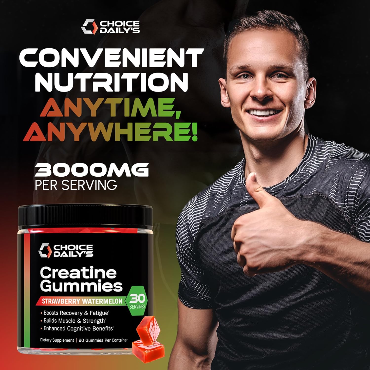 Creatine Gummies - 90 Vegan Friendly Chews - USA Made - Boosts Recovery - Builds Muscle - Enhanced Cognitive Benefits (Large, Strawberry Watermelon)