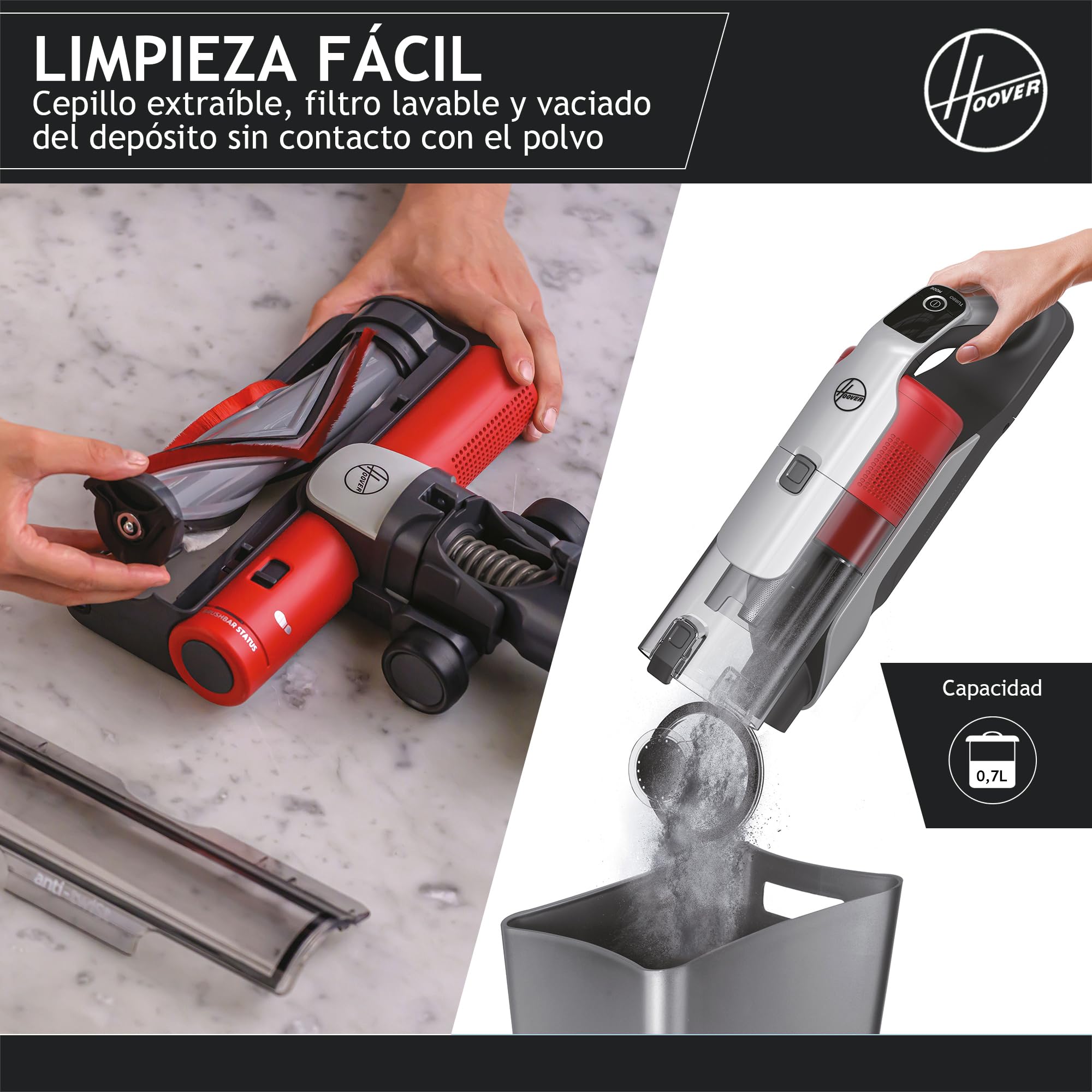 Hoover HF9 Home HF910H, Aspiradora Escoba sin Cable, sin Bolsa, 3 en 1, Escoba, de Mano y Vertical, Cepillo Antienredos, Autonomía 30 min, Color Gris/Rojo