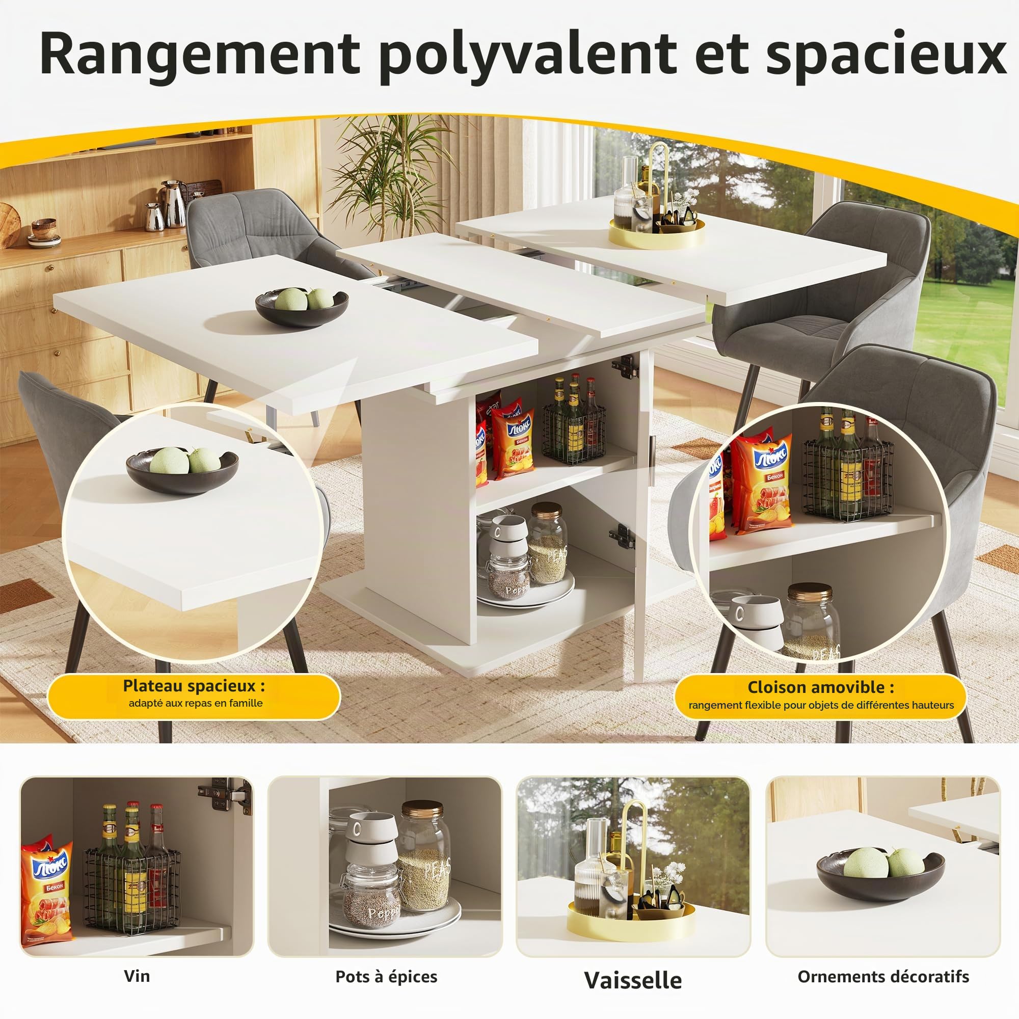 Zepneiy Table à Manger escamotable (140 x 80 x 76 cm) avec Rangement, Table de Cuisine Peu encombrante, Table à Manger avec Porte en Verre Transparent, Blanc