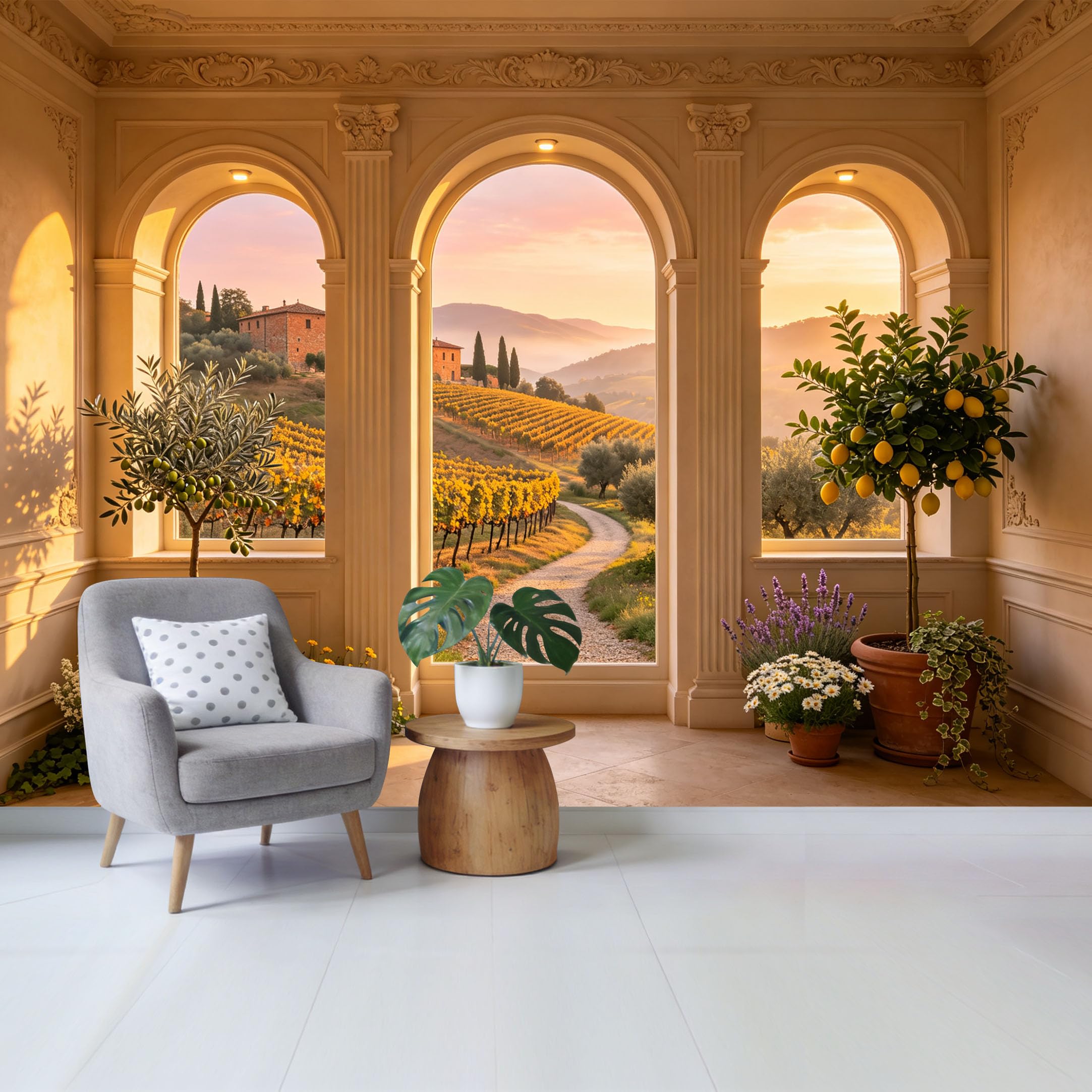 Custom Size Wall Mural Tuscan Landscape Vineyard Sunset View Through Arched Window Removable Self Adhesive Fabric Home Wall Decor for Living Room Bedroom Bathroom