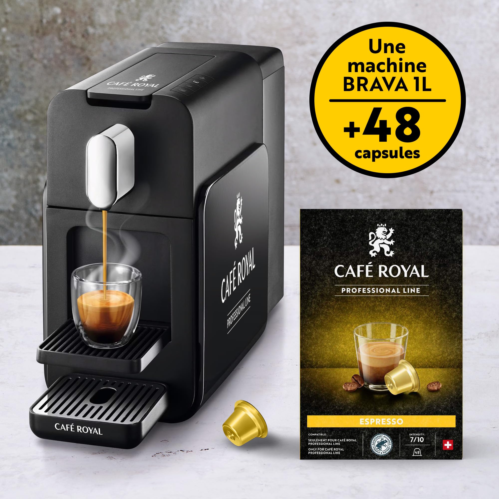 Café Royal Pro | Machine à Café BRAVA | Compatible avec Capsules Machine Pro Uniquement | Bureau & Entreprise | Ristretto, Espresso & Lungo Programmables | Prête en 15 sec | 48 Capsules Offertes