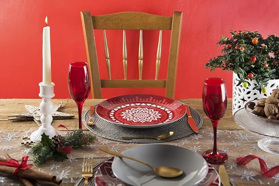 Excelsa Mandala Red Dinner Service, 18 Pieces, Porcelain and Ceramic, Multi-Colour