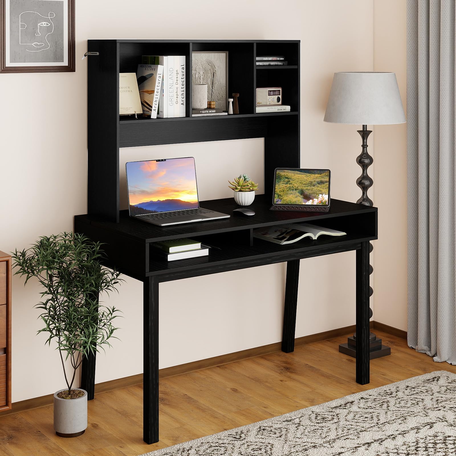 HOMASIS Bibliothèque de Bureau à 5 Compartiments, étagère de Bureau en Bois, étagère Ouverte avec Pieds antidérapants et Dispositif Anti-basculement, 94 x 25 x 73 cm (Noir)