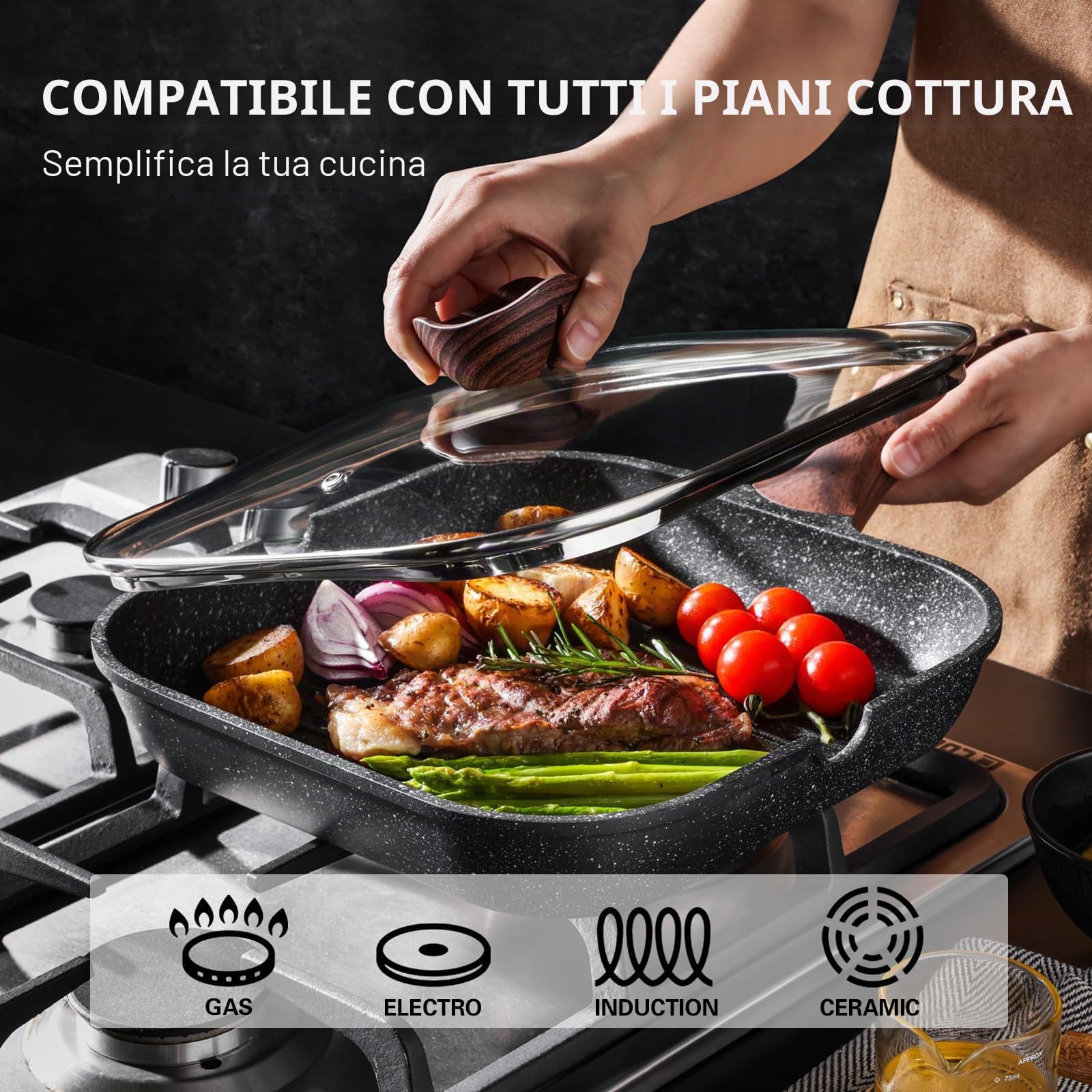 Kordisen Padella Bistecchiera Antiaderente con Coperchio 28 cm – Griglia Quadrata con Rivestimento in Granito, Doppio Beccuccio, Adatta all’Induzione, Senza PFOA