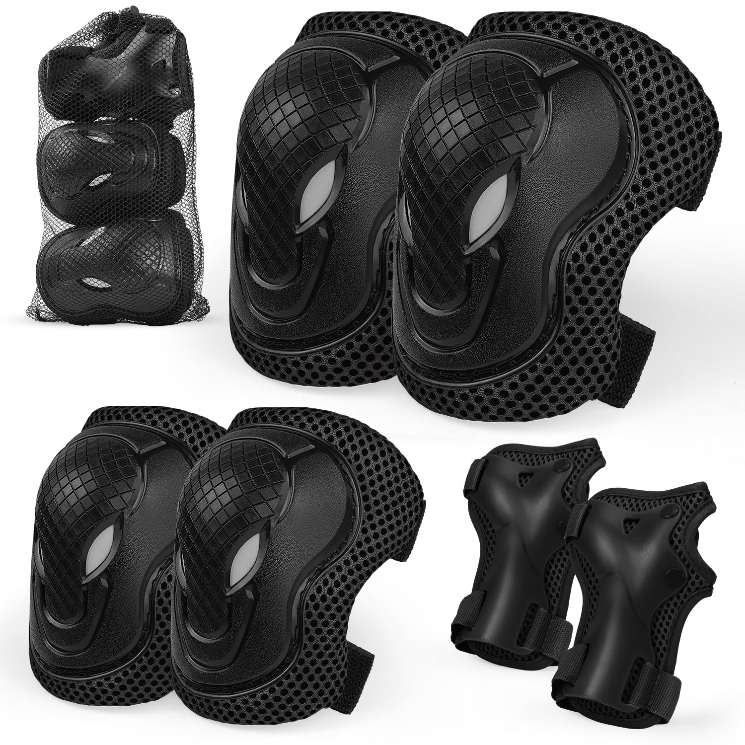Kids Knee And Elbow Pads,6 in 1 Adjustable Kids Sports Protective Gear Set With Mesh Bag for Skateboard, Roller Skating, Biking, And Outdoor Multi-Sports (Black, M)