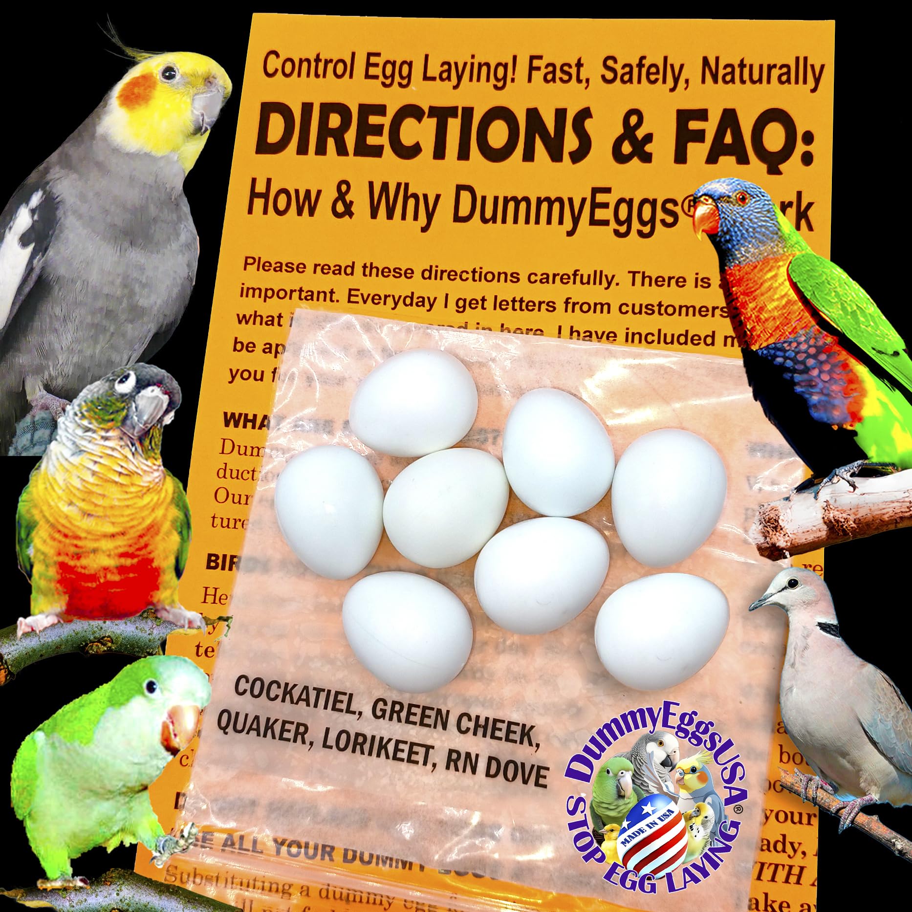 8 Cockatiel Dummy Bird Eggs Stop Brooding Laying! Tricks Your Bird Everytime! Solid Plastic Fake Eggs Quaker, Green Cheek, Ringneck Dove USA
