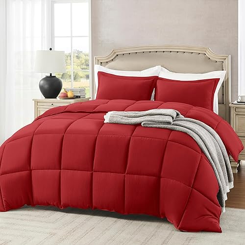 Miniatura 2 de Juego de edredón rojo tamaño matrimonial, juego de edredón de 3 piezas suave y ligero para cama matrimonial, 1 edredón rojo matrimonial (82 x 92