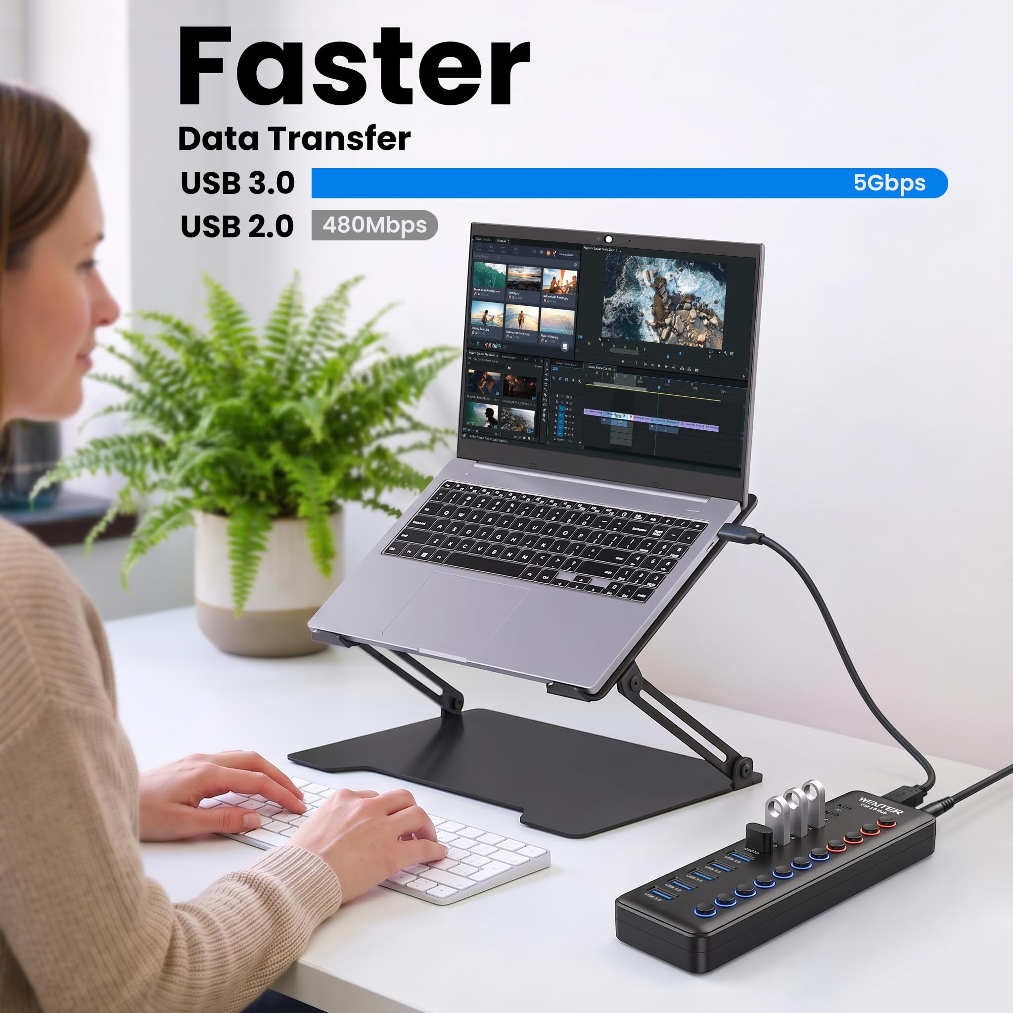 Hub USB 3.0 avec alimentation, répartiteur de hub USB 48W à 11 ports (7 ports de transfert de données plus rapides + 4 ports de charge de contrôle de qualité) avec interrupteurs LED