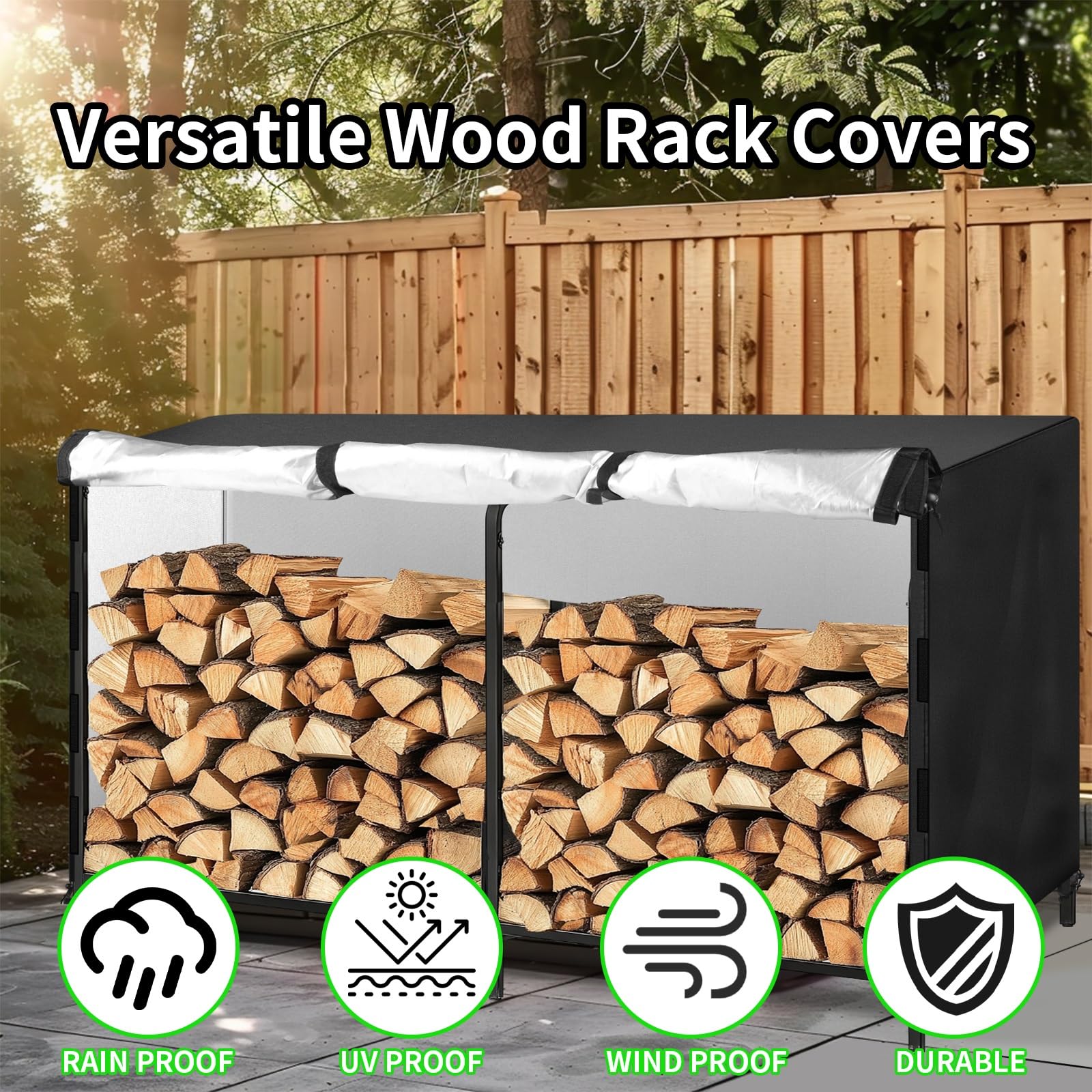 Feuerschale Abdeckung, Schutzhülle Feuerschale Abdeckung for Brennholzregal im Freien mit Aufbewahrungstasche,strapazierfähige,wasserdichte for Kamin,Feuerstellen,Holzstapel-stuch,Holz(244x60x104CM)