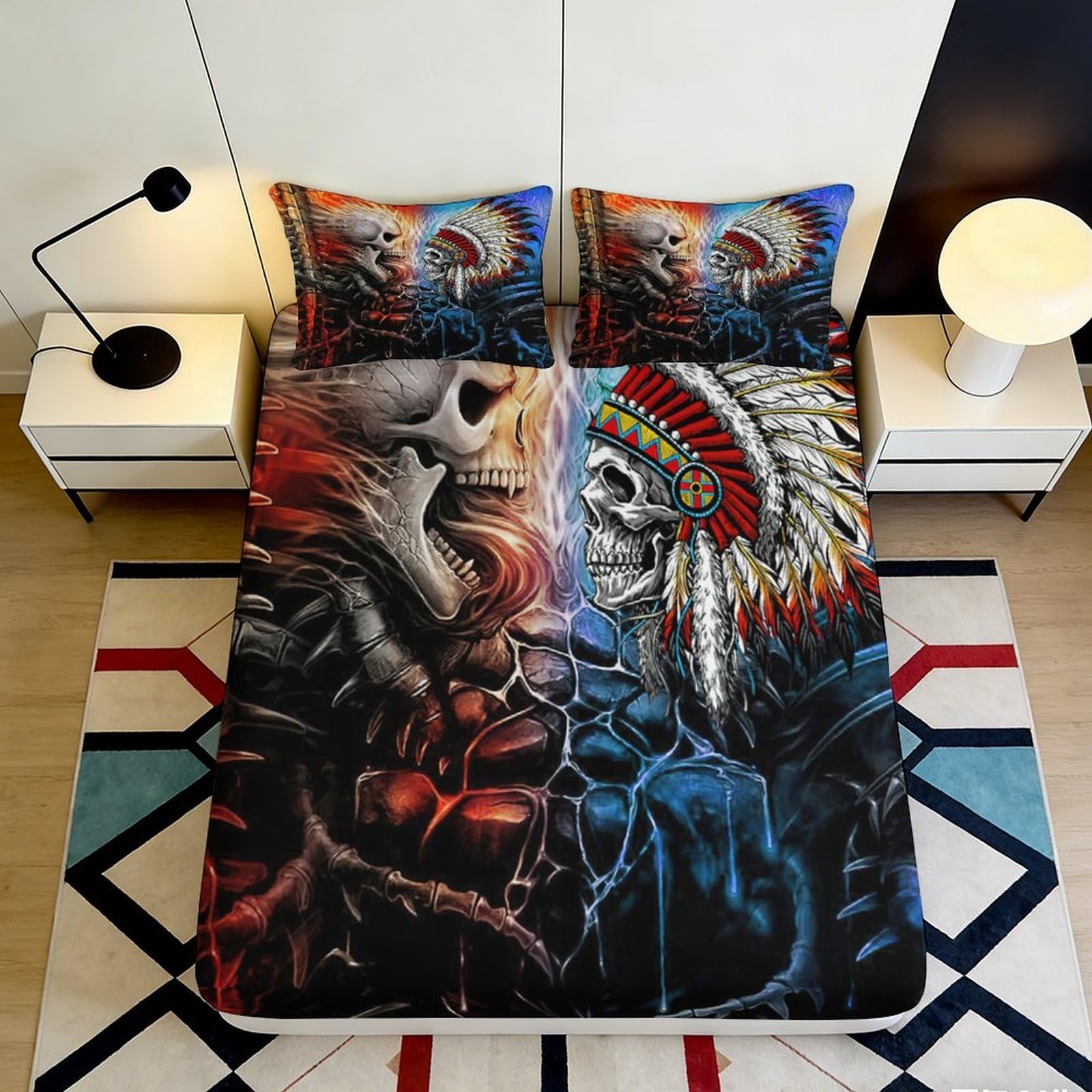 3D Printed Skull Art Fitted Sheet Microfiber Soft Anti-Slip Native Headdress Mattress Cover Bedroom Decor 90x200x25cm