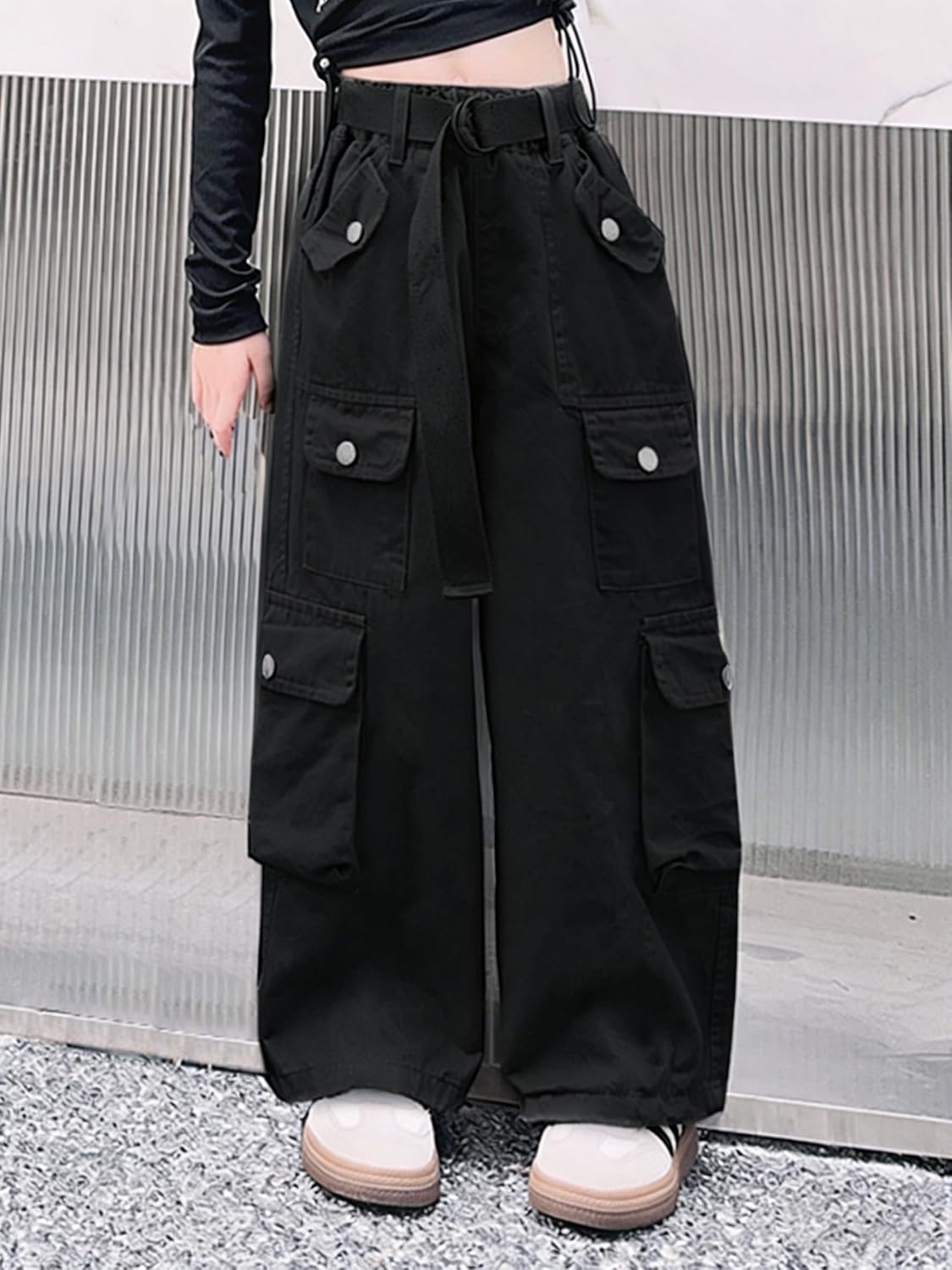 AOWKULAE Big Girls Y2K Multi Pocket Casual Jogger Cargo Pants Loose High Waist Trousers Included belt，Black，13-14 Years = Tag 170