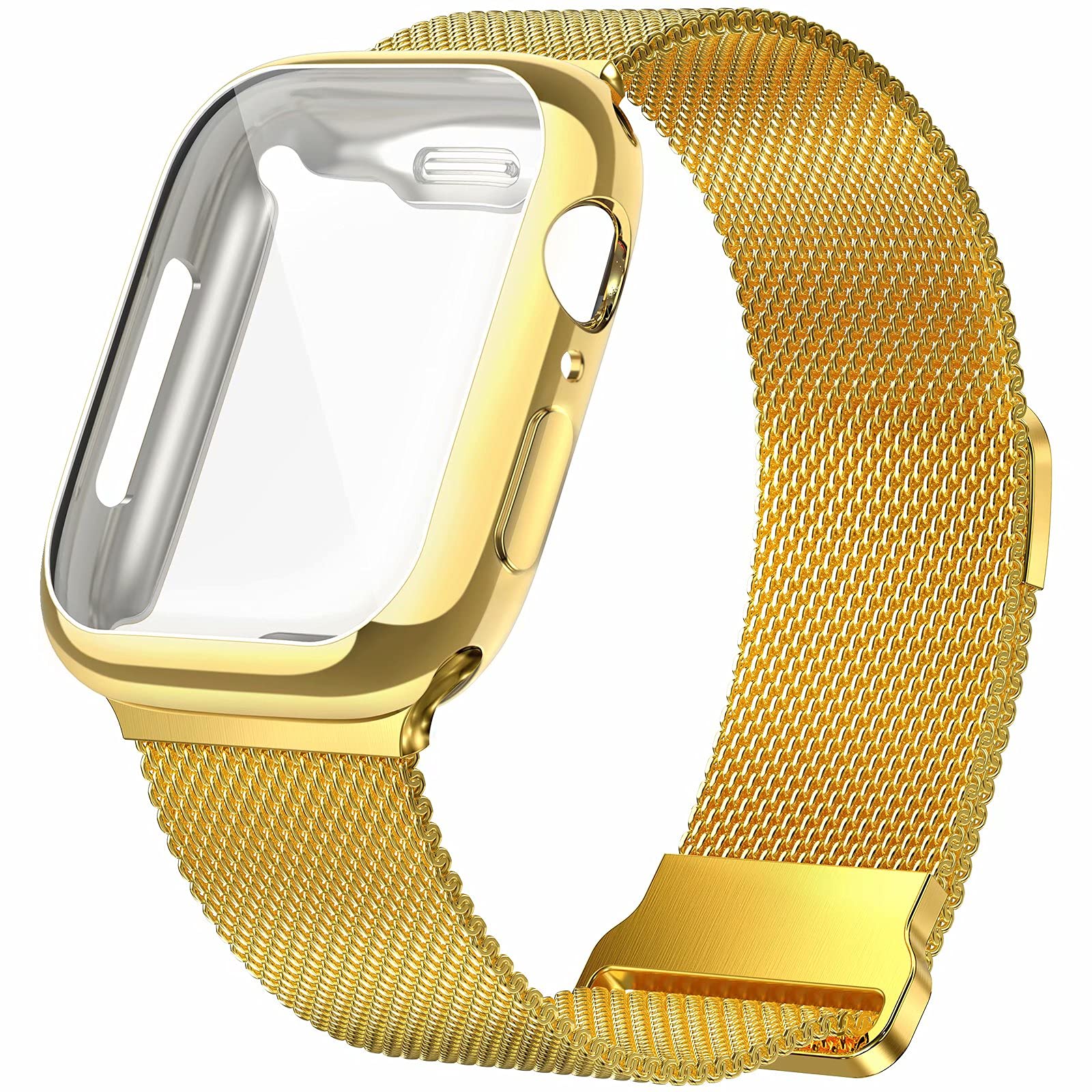 Geoumy Metal Magnetic Bands Compatible for Apple Watch Band 40mm with Case, Stainless Steel Milanese Mesh Loop Replacement Strap Compatible with iWatch Series 8/7/6/5/4/3/2/1 SE Women Men,Gold