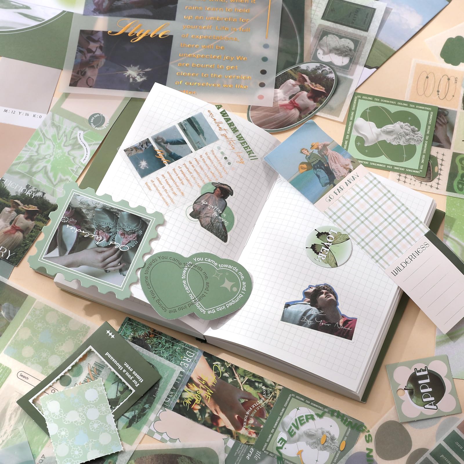 Kit di forniture per album fotografico con pinzette e nastro adesivo, diario spazzatura estetico vintage, grande carta per scrapbooking, confezione di adesivi, forniture per quaderni, regalo fai da te