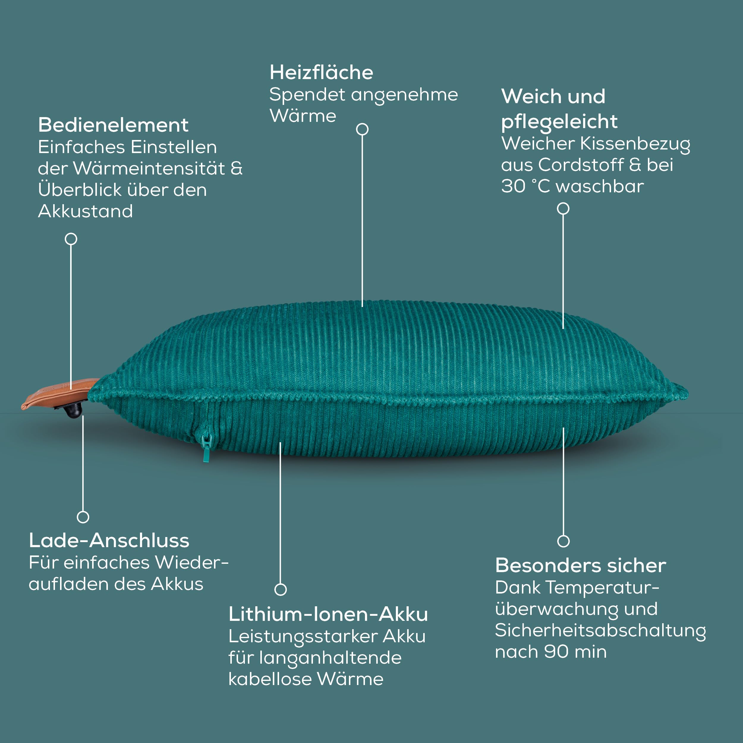 Beurer Heaty Heizkissen, kabelloses Heizkissen mit Akku, Wärmekissen mit Abschaltautomatik und 3 Temperaturstufen, mit Schnellheizung, weicher Cordstoff, dunkelgrün