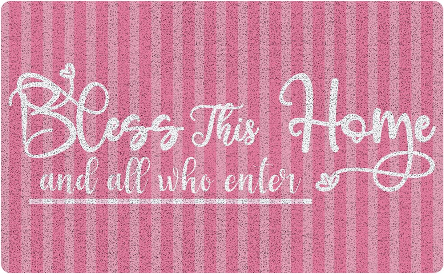 Bless This Home and All Who Enter Door Mat, Retro Pink Striped Blessed Welcome Mats Doormat for Front Door Porch Indoor Outdoor Entrance, 17x30 Inch