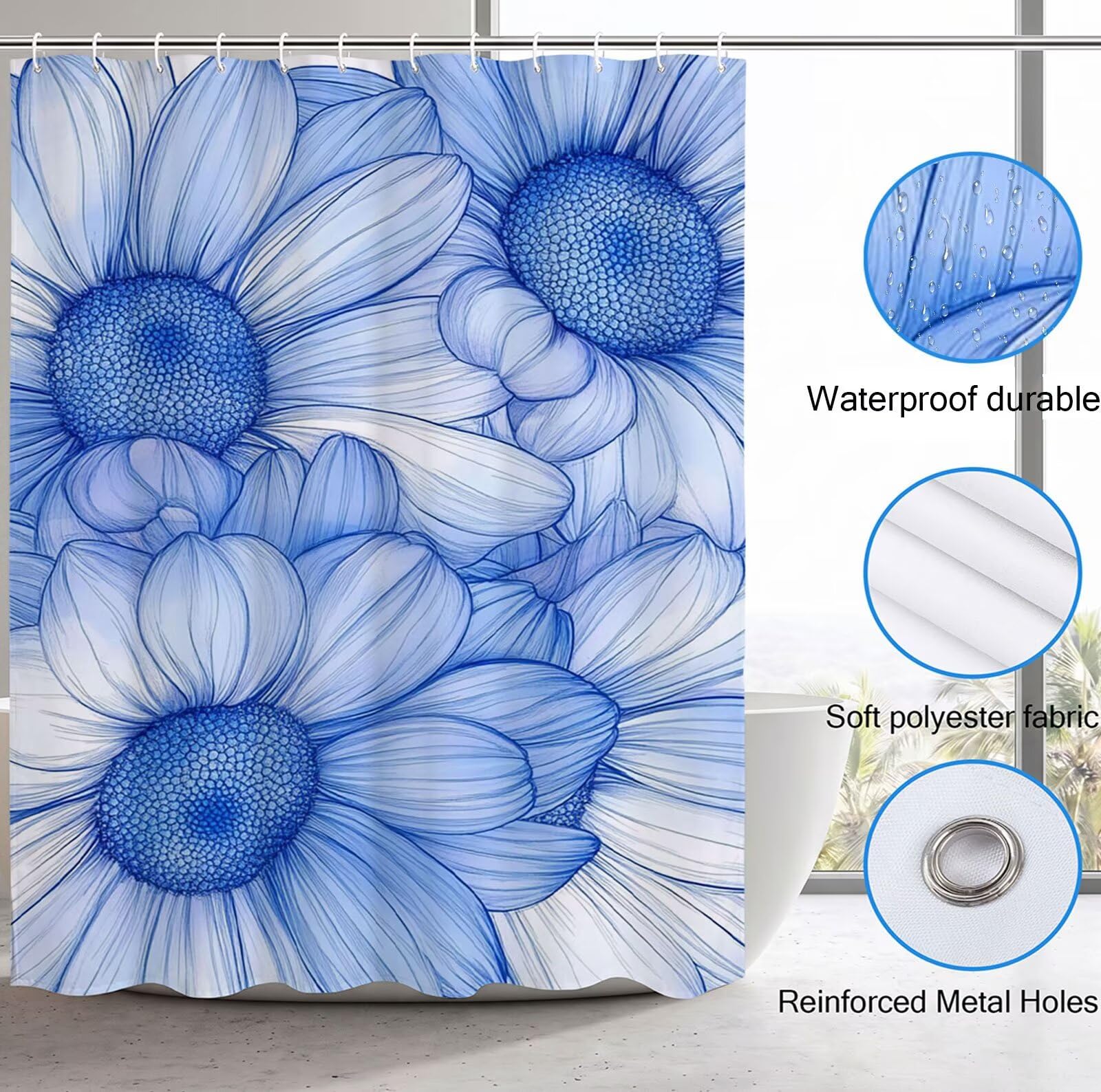 Cortina de Ducha Azul claro Cortina Ducha, Antimoho, Tela Impermeable Poliéster, Shower Curtain 200x220 cm con 12 Ganchos y Dobladillo Ponderado, Shower Curtain Lavable para Baño o Bañera, Flor 3Y#600
