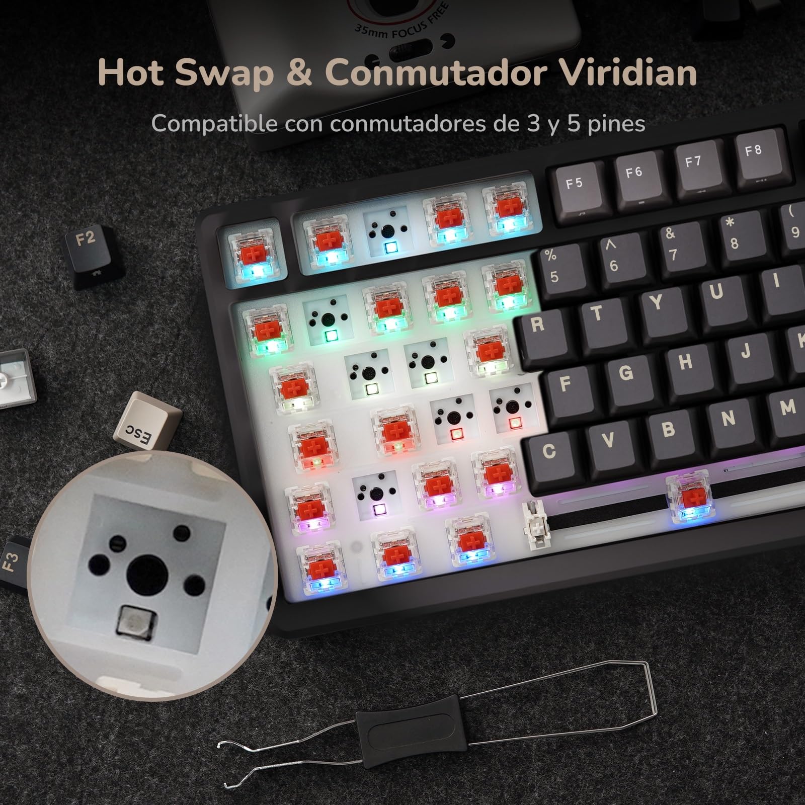 RK ROYAL KLUDGE M75 Teclado Mecánico Inalámbrico con Pantalla OLED, 75% Gasket Bluetooth/2.4G/USB-C, Layout US Teclado con 81 Teclas, Retroiluminación RGB, Hot-Swap (Interruptor Rojo, Gris)