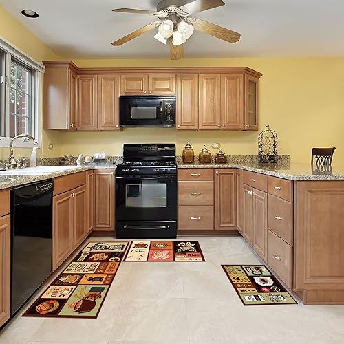 Miniatura 7 de Sinmoe Juego de 3 alfombras de cocina antideslizantes, color negro, resistentes a las manchas, antifatiga, para suelos de microfibra, tapete de