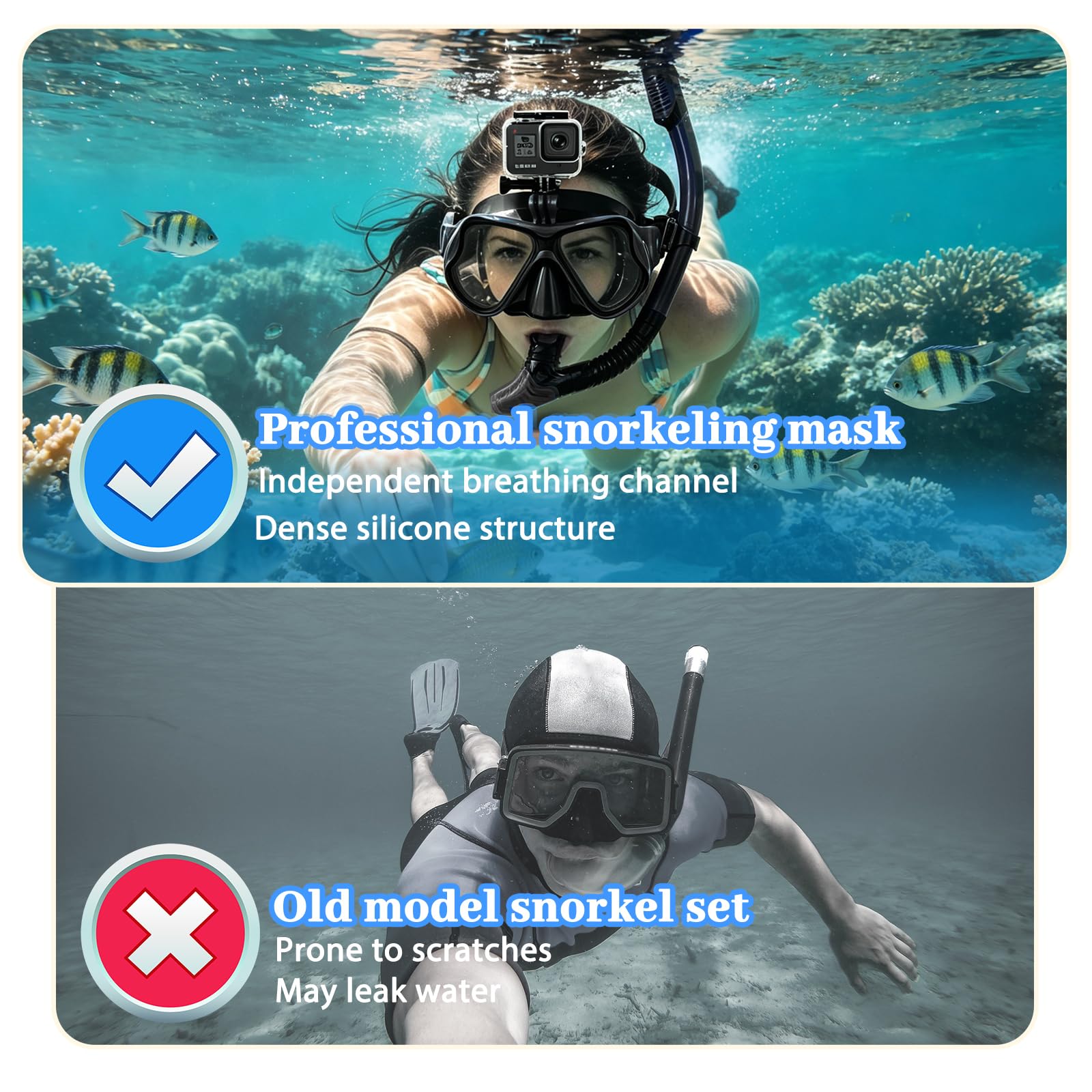 Maschera Snorkeling Subacquea Adulti con Supporto Fotocamera, Panoramica 180° Anti-Appannamento Vetro Temperato