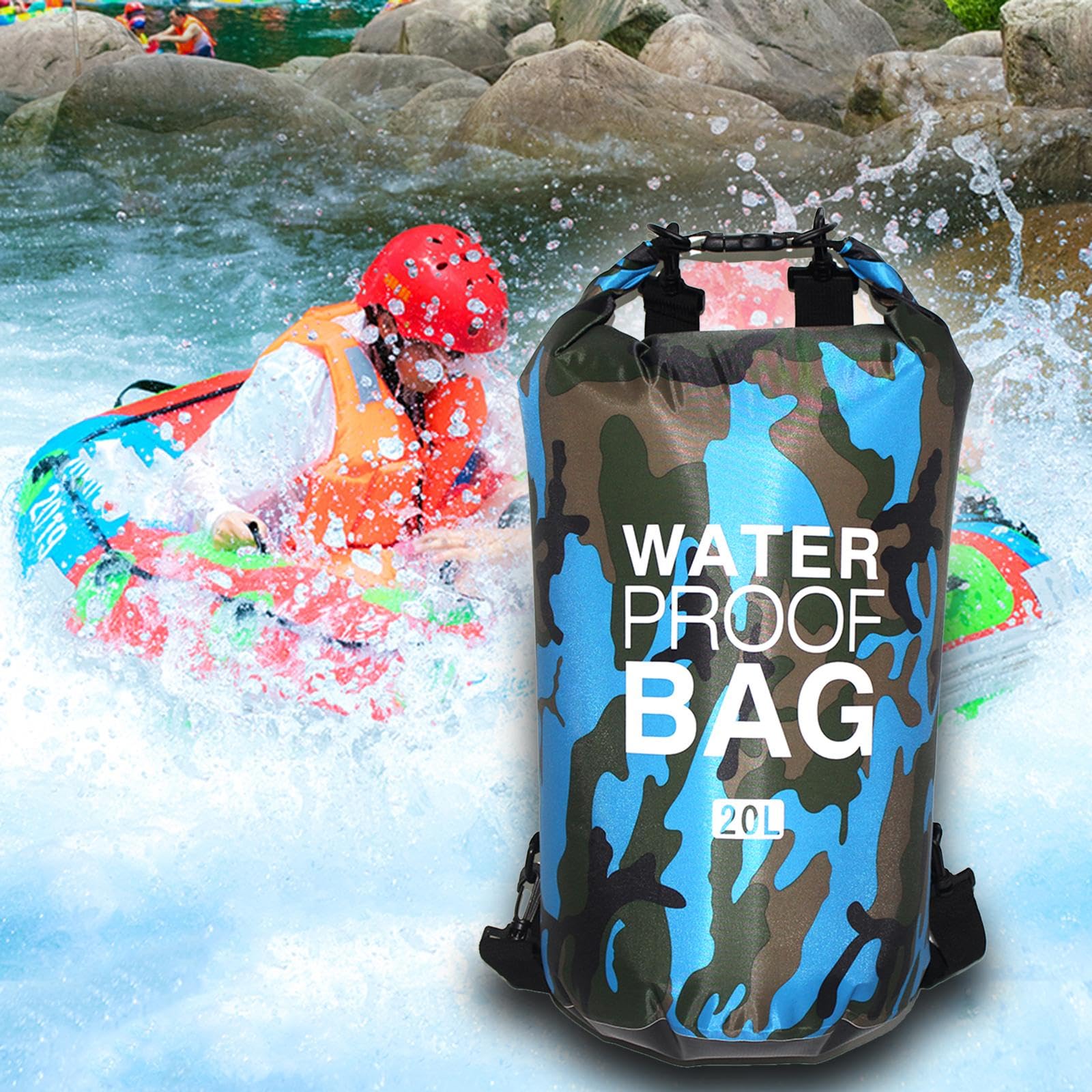Wasserdichte Tasche mit Schultergurt, Rafting-Tasche zum Schwimmen, Strand, Angeln, 15 l, Camouflage, 3er-Set (Tarnfarbe, 20 l), (20L) UK