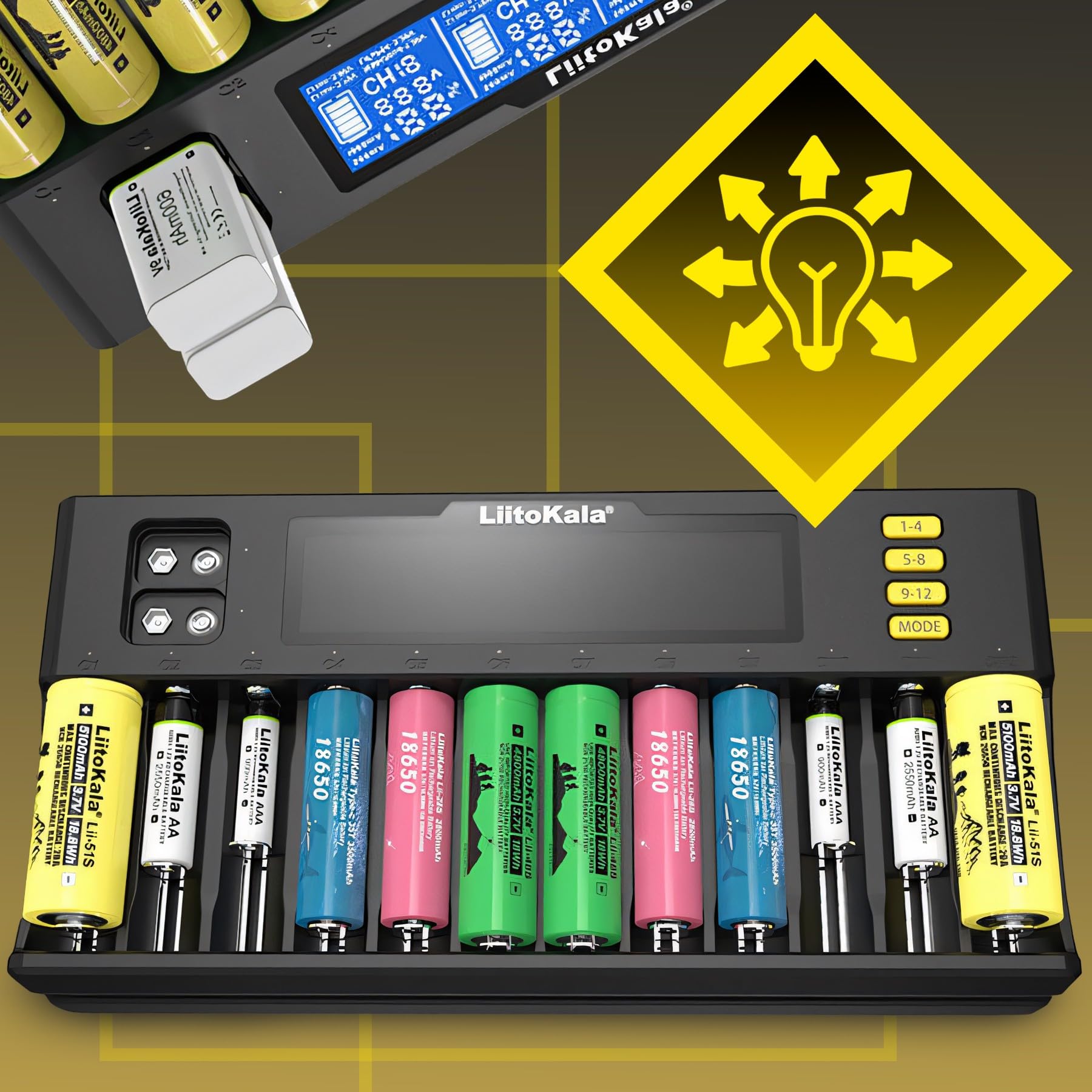 Retoo Ładowarka do akumulatorów AA, AAA, 9 V NI-MH/NI-CD, Li-ion-3,70 V/3,80 V, LiFePO403.20V, 12 miejsca do ładowania, uniwersalna szybka ładowarka z wyświetlaczem LCD, baterie wielokrotnego