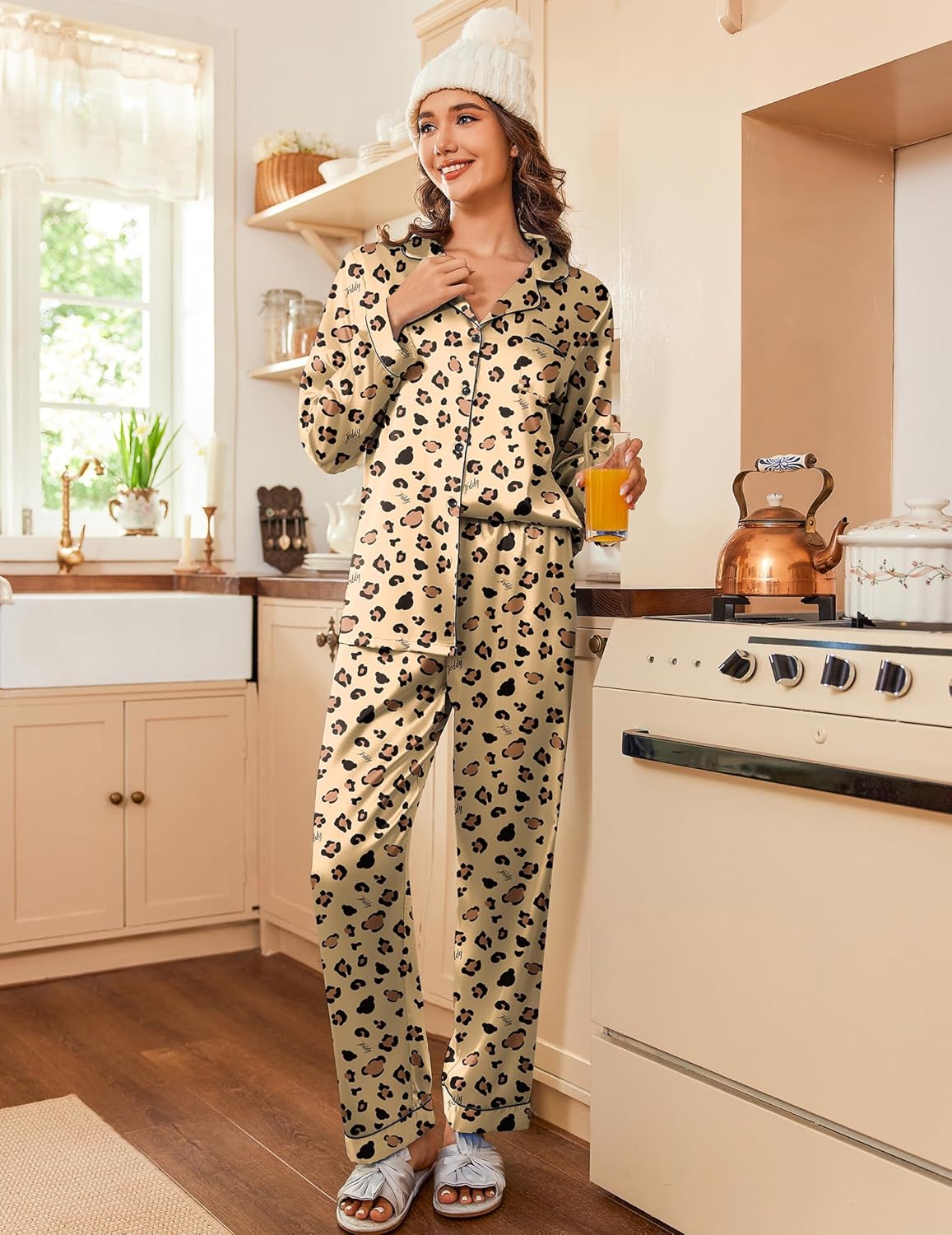 Ekouaer Womens Satin Pajama Set Classic Pattern Silky Pj Sets Button Down Sleepwear Loungewear - Image 2