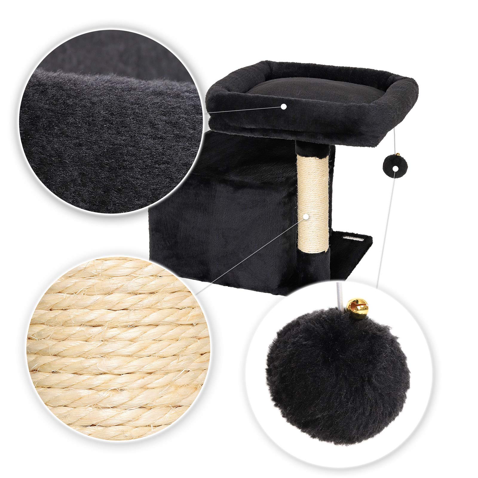 lionto Tiragraffi con Piattaforma, Grotta e Sisal, 50 cm, Nero | Tiragraffi piccolo per gatti con piattaforme, colonne in sisal ed elementi gioco per arrampicarsi, giocare e curare le unghie