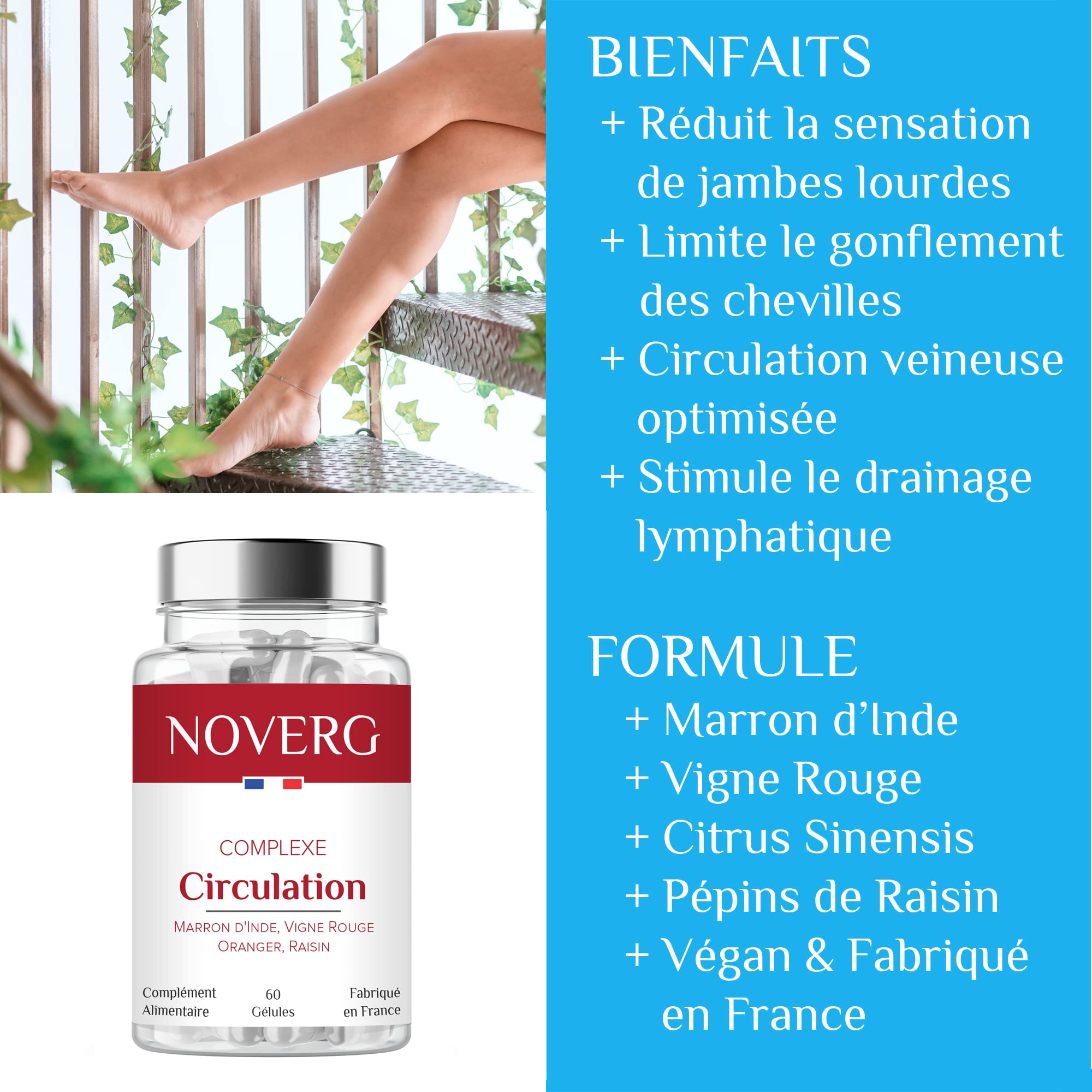 Circulation Sanguine | Jambes Lourdes, Chevilles Gonflées | Drainant pour Jambes Légères | Marron d'Inde, Vigne Rouge, Oranger, Raisin | Vegan | 60 Gélules pour 30 Jours | Fabriqué en France