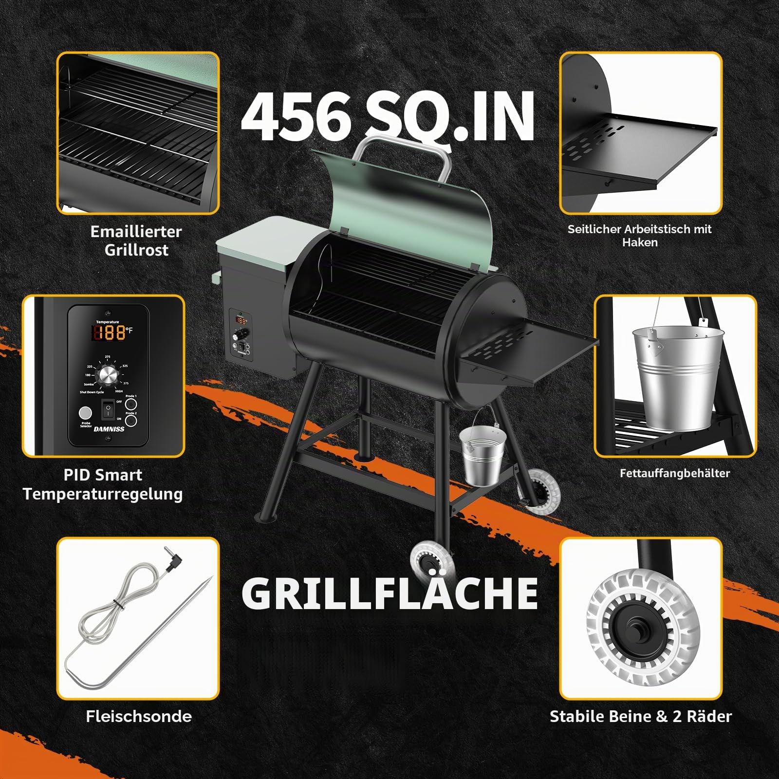 Elektrischer Pelletgrill, 456 SQ, Kochbereich, Pelletsmoker mit automatischer Zufuhr und PID-Regler, 260 °C, maximale Temperatur, 8-in-1-Grill mit Fleischsonde und Beistelltisch mit Haken