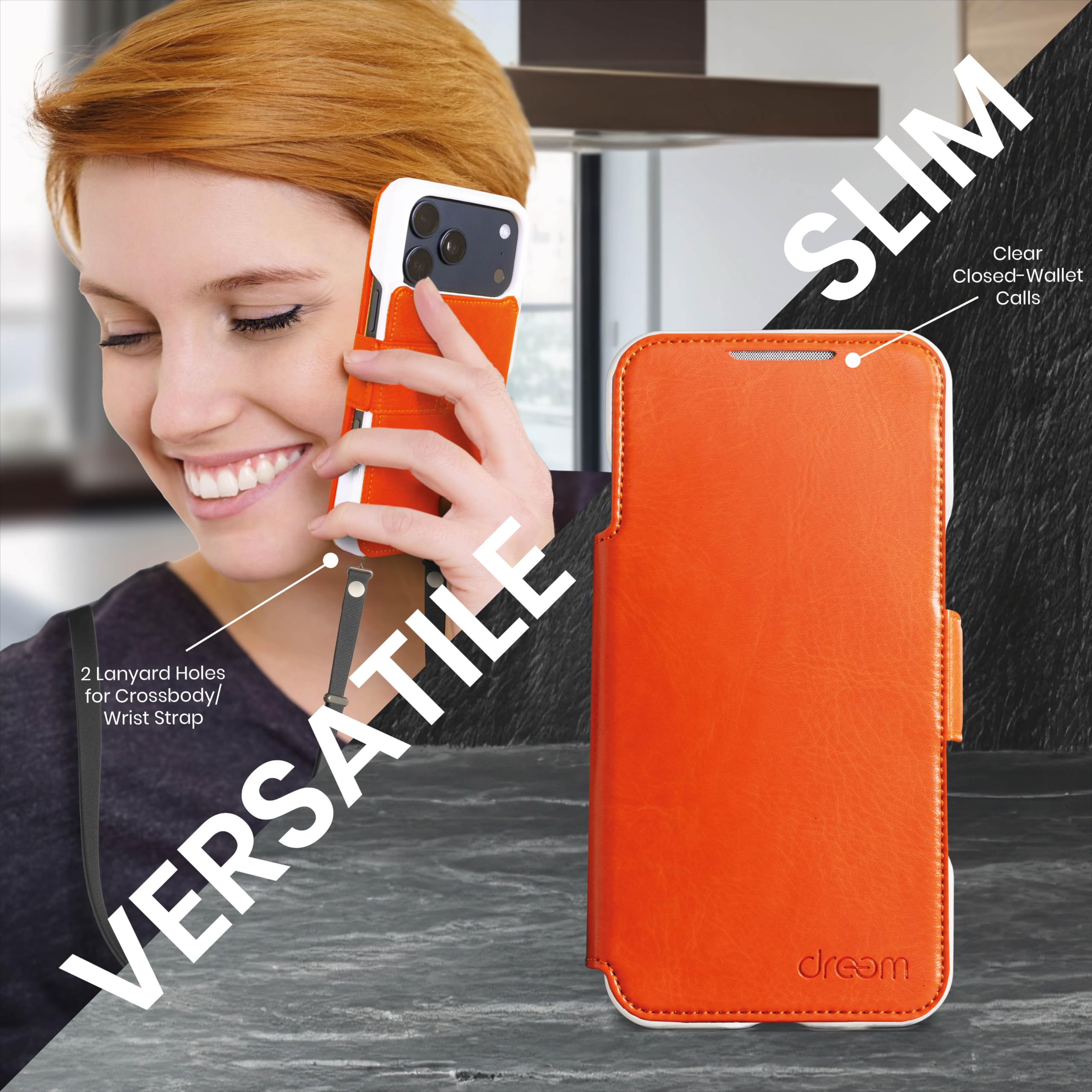 dreem Funda Cartera para iPhone 17 Pro MAX, Soporte revolucionario, Piel Vegana, Compatible con MagSafe, Tapa magnética removible, Bloqueo RFID, Caja de Regalo [Fibonacci:Orange]