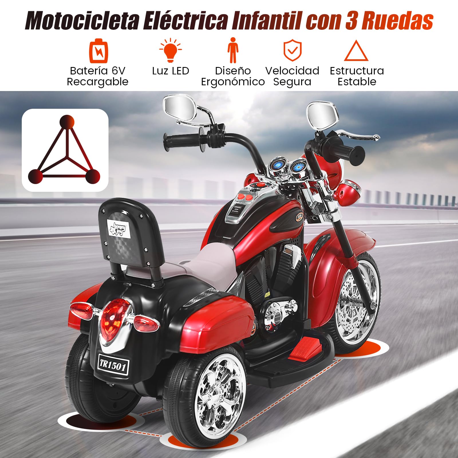 RELAX4LIFE Moto Eléctrica Niños 6V con 3 Ruedas Antideslizantes, Sonidos, Faro, Pedal y Marcha Adelante y Atrás, Moto Electrica Infantil, Coche Eléctrico para Niños de 3+ Años, Carga 30kg (Rojo)