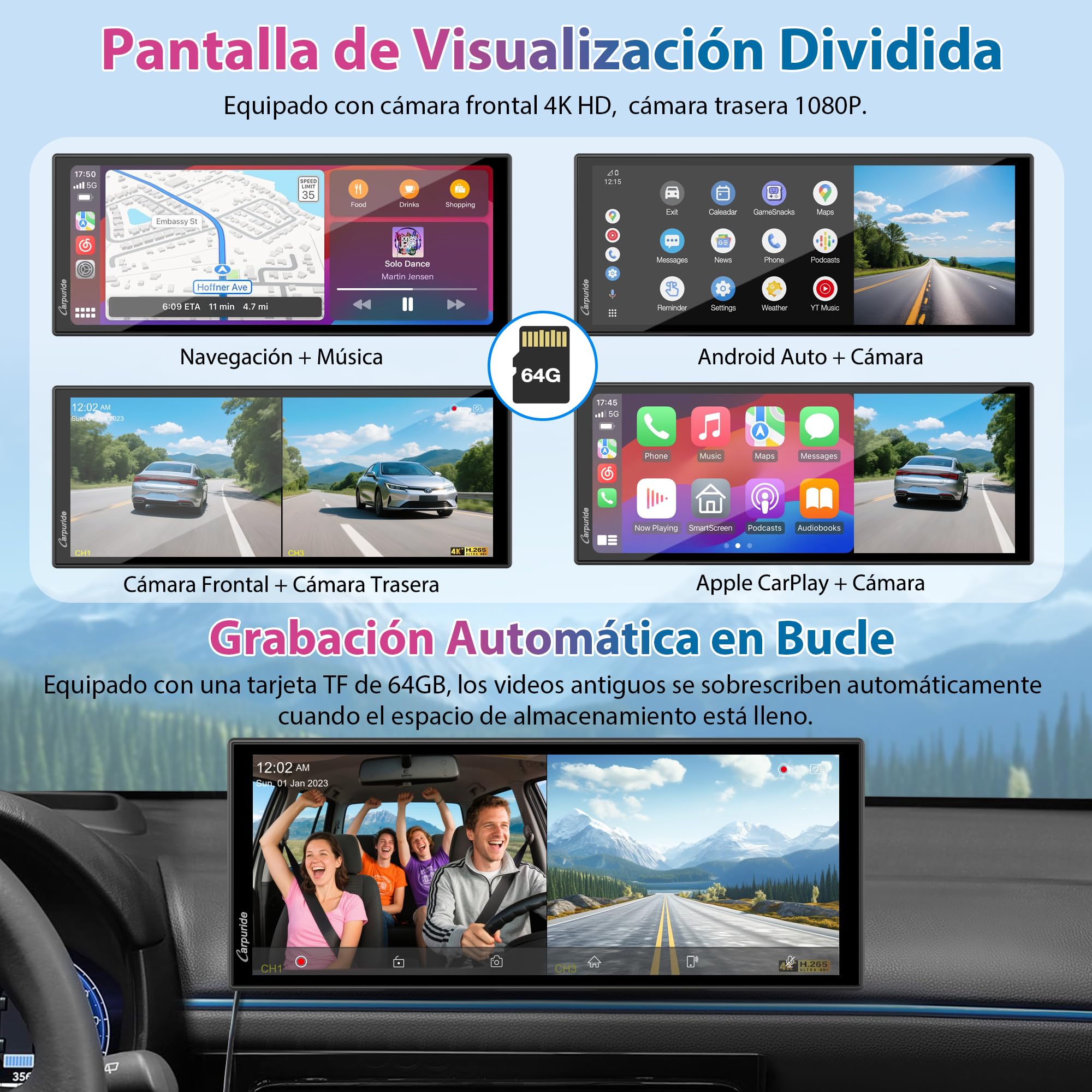Carpuride Sistema Inalámbrico Portátil Carplay y Android Auto con Cám de Tablero - W125A Pantalla IPS HD de 11.26",Cám Frontal 4K + Cám Trasera 1080P,Grabación en Bucle,Audio Bluetooth,GPS,Siri,Música