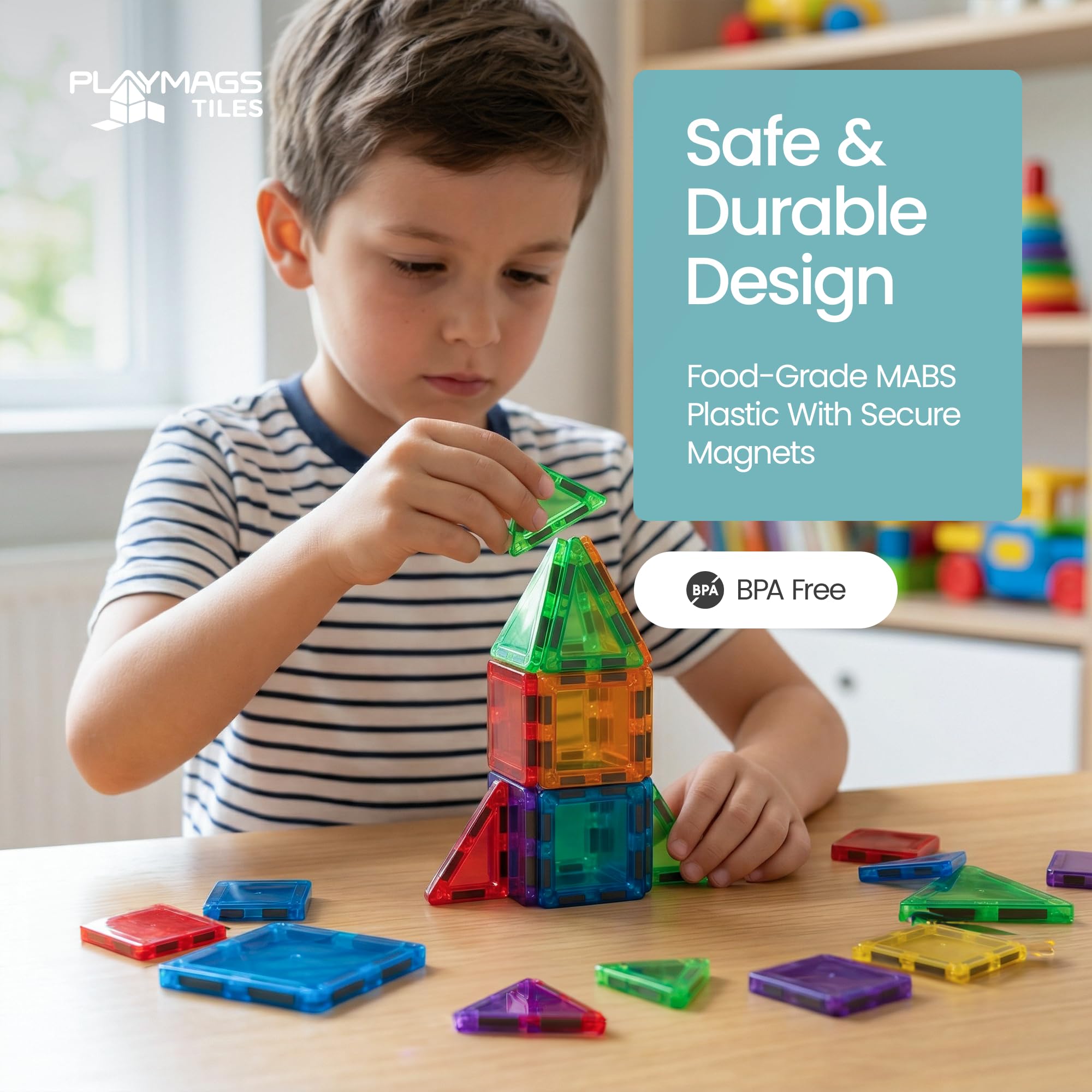 Playmags Set 100 Mini Tessere Magnetiche per Bambini | Blocchi Magnetici da Viaggio | Giocattoli Educativi Sensoriali STEM | Costruzioni Portatili | Regalo per Bambini 3+ Anni