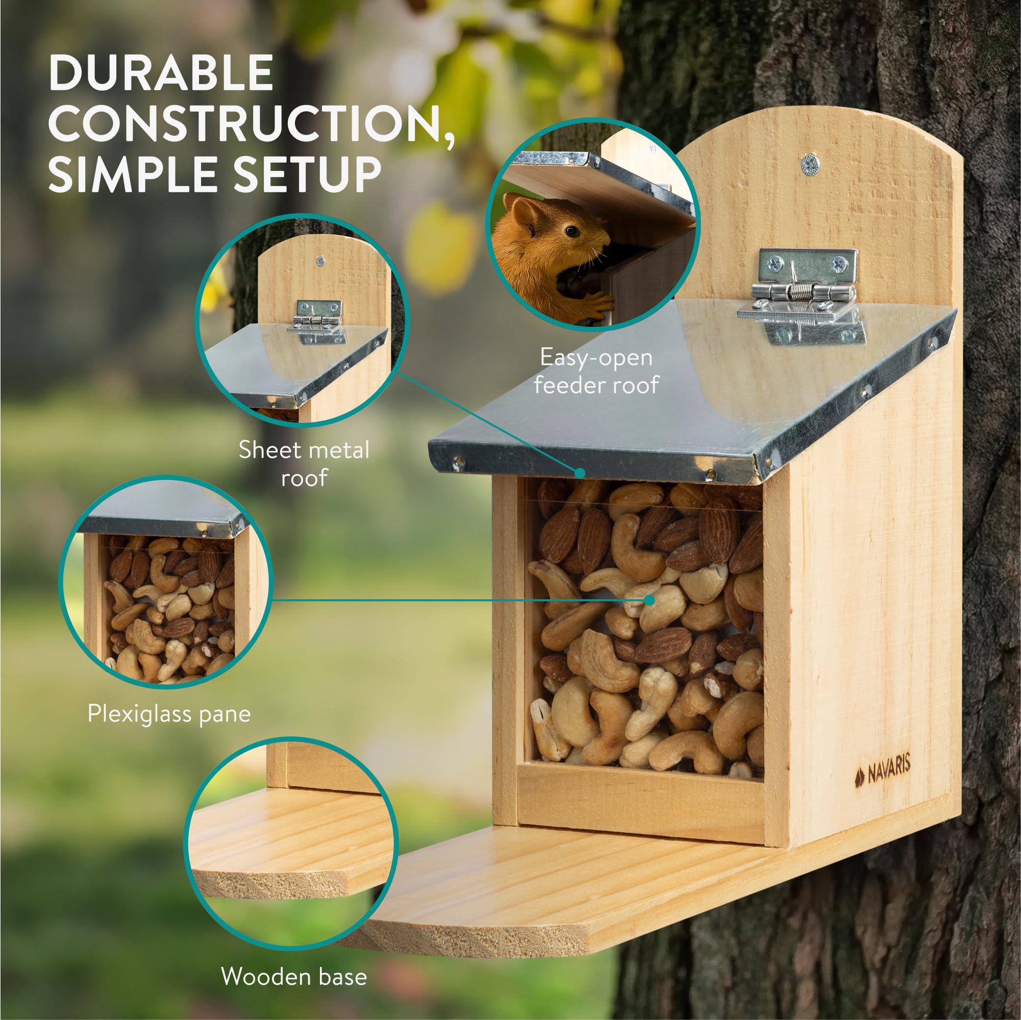 Navaris Casa Mangiatoia per Scoiattoli - Casetta per Mangime Scoiattolo da Appendere - Rifugio per Giardino in Legno Tetto in Metallo - 12x29x24,5cm