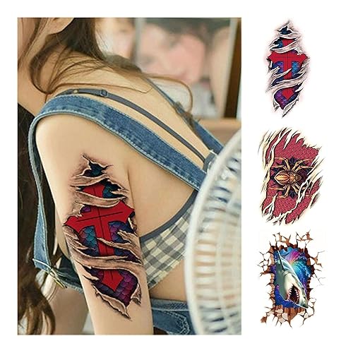 Miniatura 2 de (3 piezas) Tatuaje temporal, Cruz Roja, araña, tatuajes corporales de tiburón 3D, para brazos, espalda, piernas, media manga, impermeable