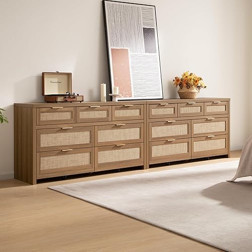 Miniatura 8 de SICOTAS Cómoda de 7 cajones para dormitorio, cómodas de ratán de 57" de ancho, cómoda grande con cajones para dormitorio, cómoda soporte para TV