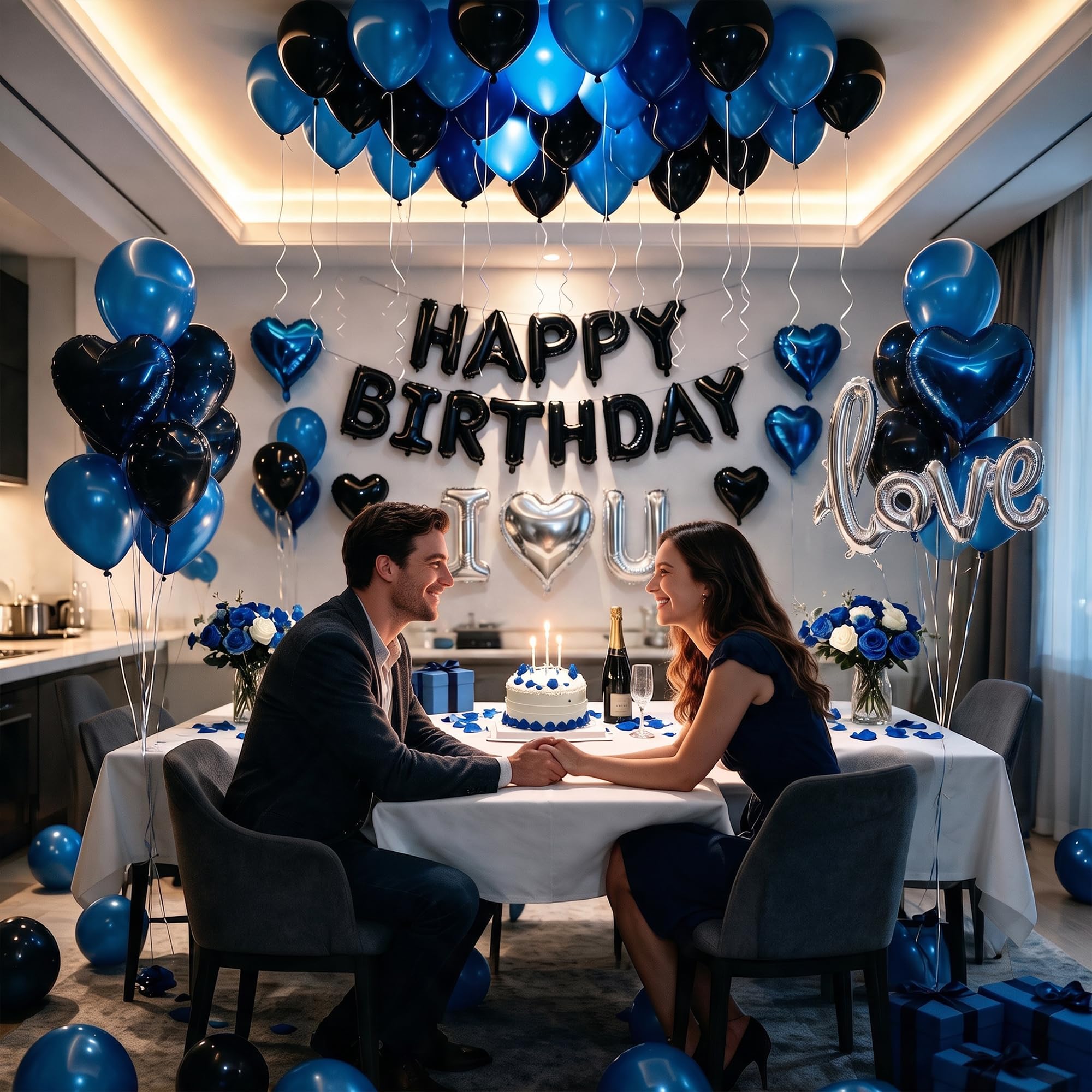 Set di palloncini di buon compleanno blu e nero con palloncini I Love You