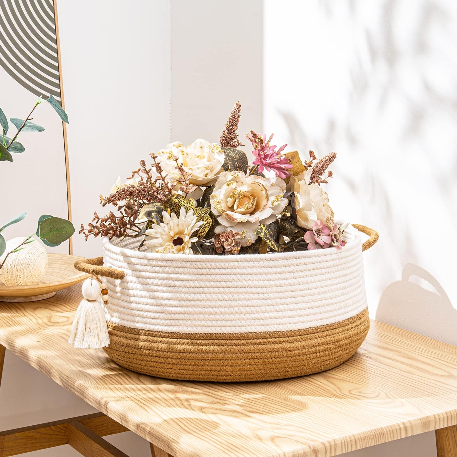 KAKAMAY Woven Baskets for Storage(16"x8"),Blanket Basket for Organizing Living Room,Cotton Rope Basket Woven Baby Laundry Hamper,Collapsible Laundry Room Organization,Clothes,Toy Chest(Brown) - Image 7