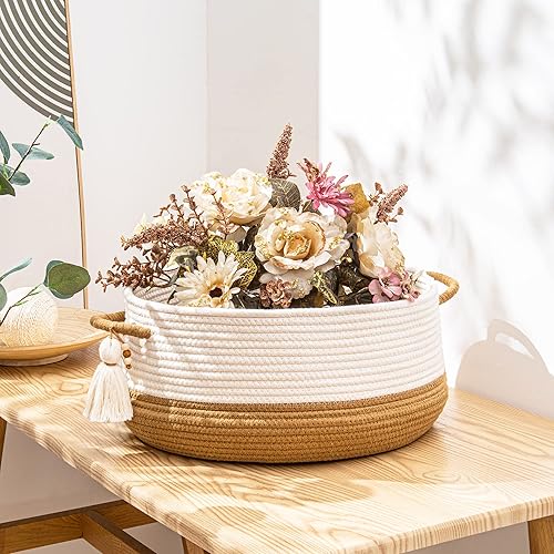 Miniatura 7 de KAKAMAY Cestas tejidas para almacenamiento (16 x 8 pulgadas), cesta de manta para organizar la sala de estar, cesta de cuerda de algodón tejida para