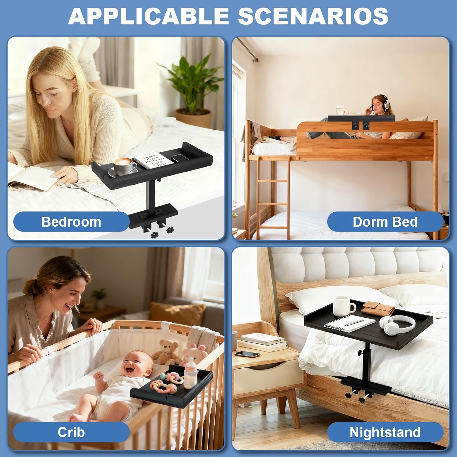 Adjustable Bedside Shelf for Dorm Room Bunk Bed & Top Bunk, Rotatable Bamboo Bedside Tray with Metal Telescopic Rod, College Dorm Room Clip-on Bedside Table, Loft Nightstand Organizer, Black