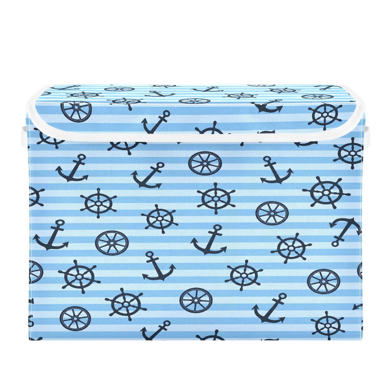 Ewusp Ship Anchors Rudder Fabric Storage Bin with Lid, Decorative Foldable Storage Basket with Handles, Stackable Closet Shelf Organiser Box for Clothes, Books, Bedroom, Living Room