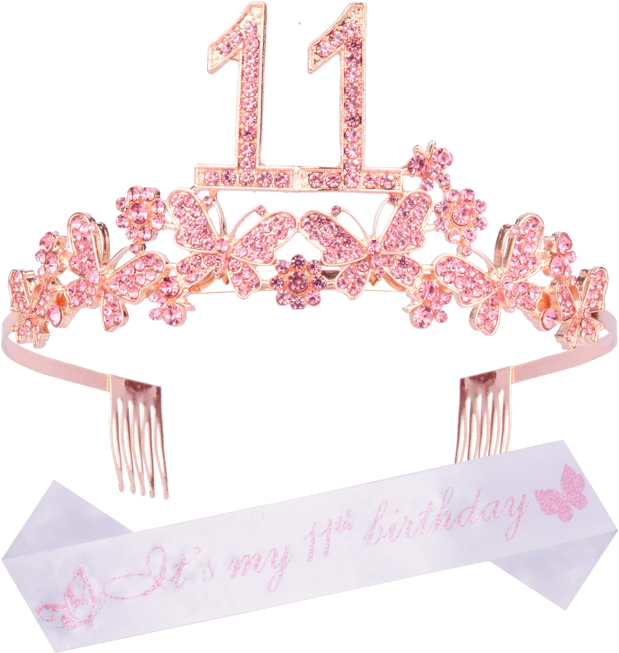 DORADREAMDEKO 11th Birthday Sash and Tiara for Girls - Fabulous Glitter Sash + Butterflies Rhinestone Pink Premium Metal Tiara for Girls, 11th Birthday Gifts for Princess Party