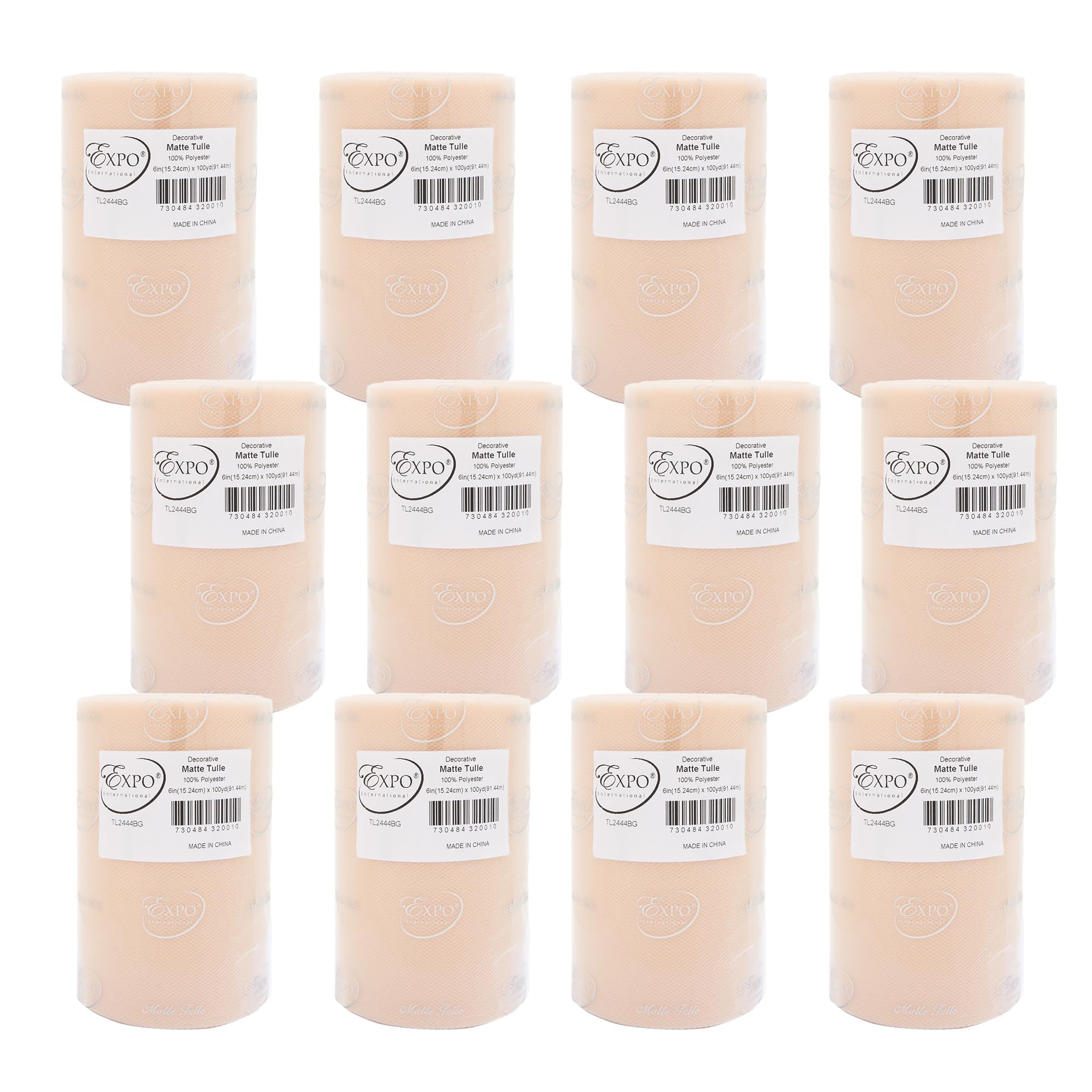 Expo International Decorative Matte Tulle, Roll/Spool of 6” X 100 Yards, Lightweight Polyester Tulle Fabric for Tutus, Costumes, and Party Decorations, Washable, Easy-to-Use, Pack of 12, Beige