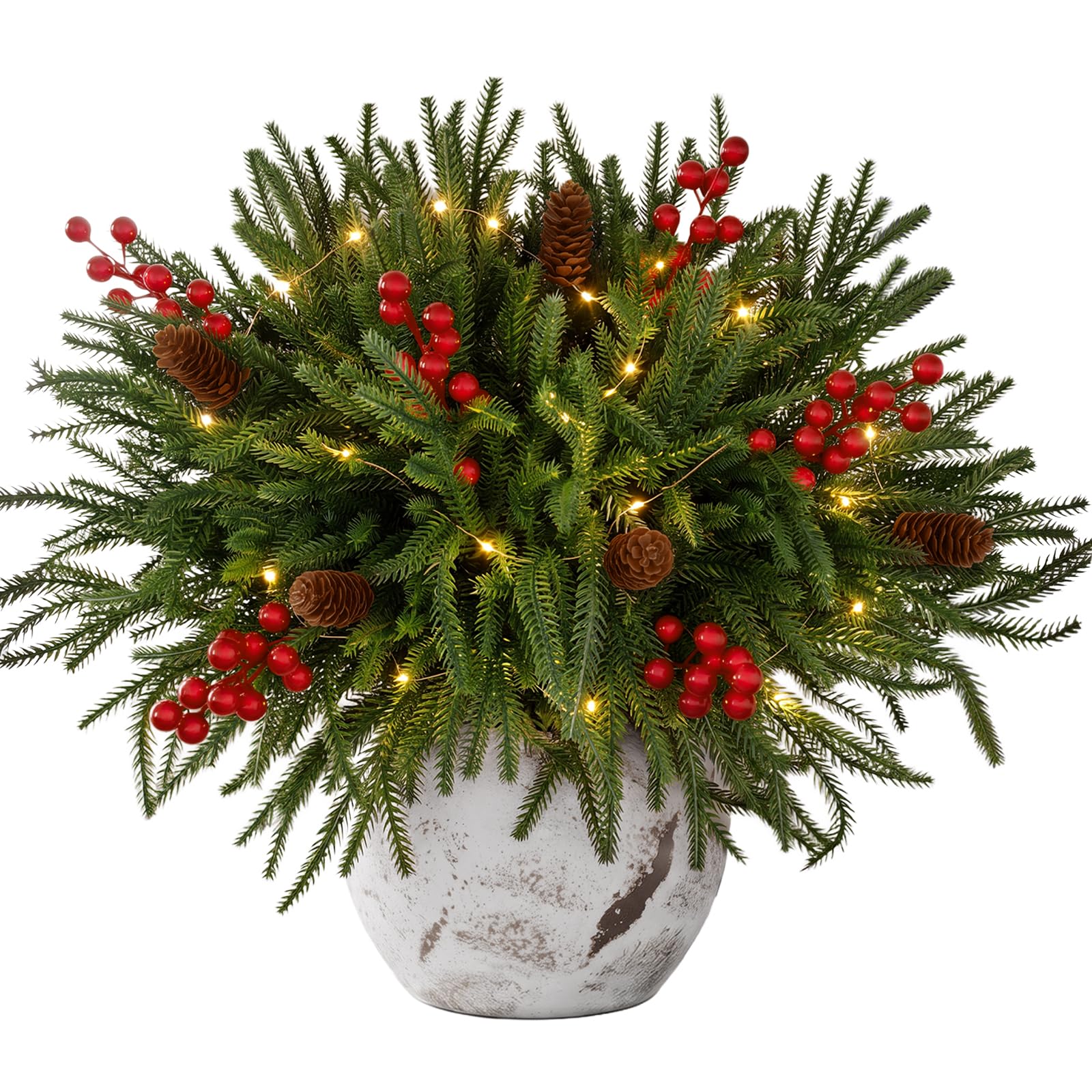 24 Piece Set: 12Pcs Norfolk Pine Branches with LED Lights, Red Berries | 18'' Faux Norfolk Pine Stems, Christmas Greenery Stems,Real Touch Picks and Sprays, Christmas Decor, DIY for Wreath Garland