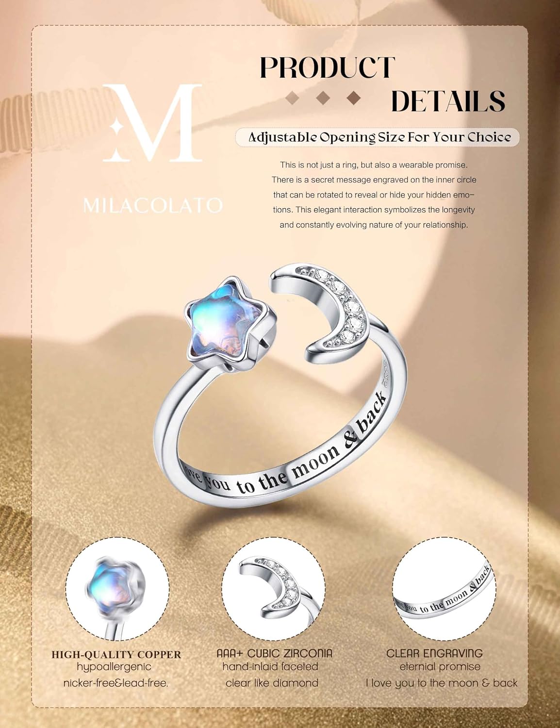 MILACOLATO Fidget-кольцо для женщин, детей, девочек, антистрессовые кольца, открытые, регулируемые, серебристые, с подсолнухом, опалом, лунным камнем, звездой, луной, снегом, лотосом, спиннером, настроечные
