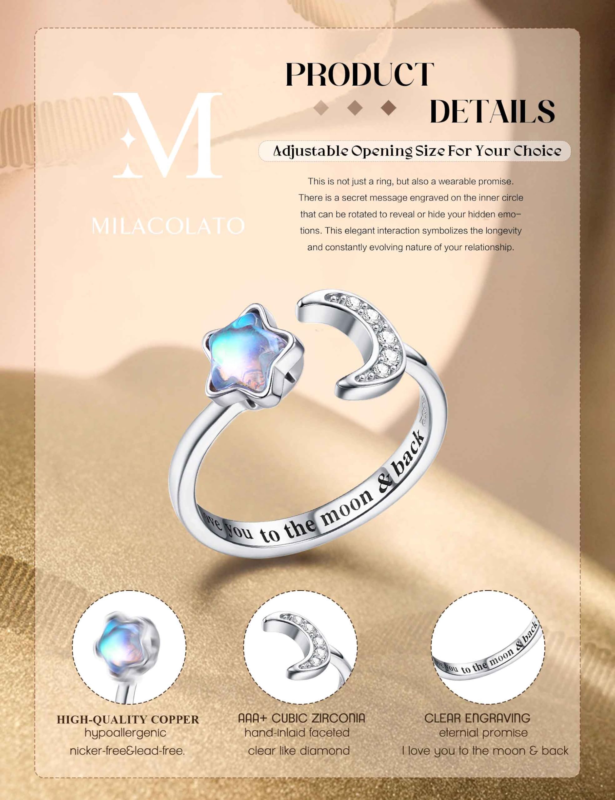 WBDWWTD MILACOLATO Fidget Ring für Frauen Kinder Mädchen Unruhe Ringe offen Einstellbare Silber Sonnenblume Opal Mondstein Stern Mond Schnee Lotus Spinner Ringe