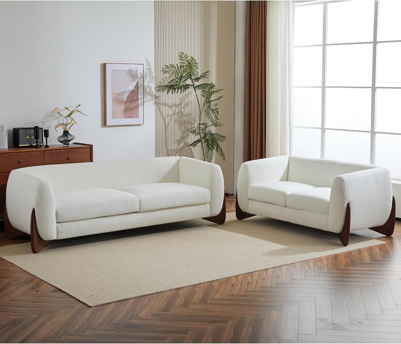 Almad 2 Pieces Sofa Couch Set, Cozy 3-Seater Sofa and Loveseat for Living Room, Upholstered Couch Chair, Soft Seating Lounge Sofa with Wood Frame, Fabric, Beige
