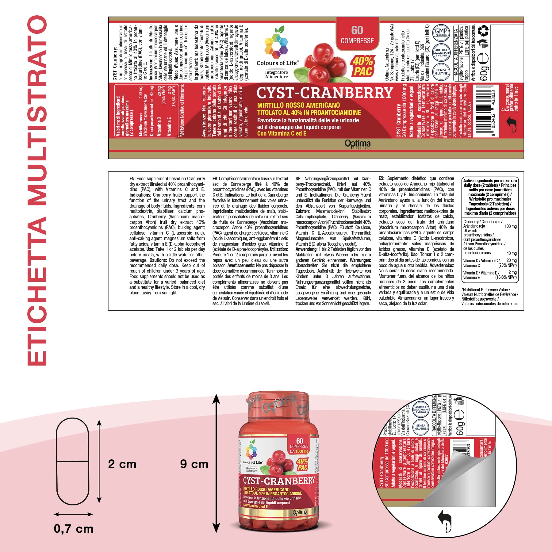 Colours of Life Cyst Cranberry - Integratore di Frutti di Mirtillo Rosso - per la Funzionalità delle Vie Urinarie e il Drenaggio dei Liquidi - Senza Glutine e Vegano, 60 Compresse